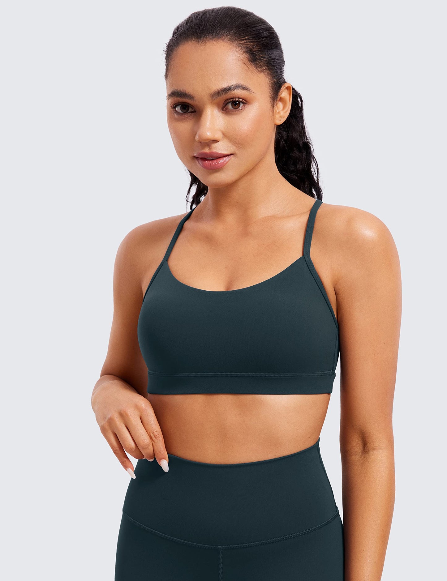 CRZ YOGA Butterluxe Womens Y Back Sports Bra - Padded Racerback Low Impact Spaghetti Thin Strap Workout Yoga Bra Forest Dark Green X-Small