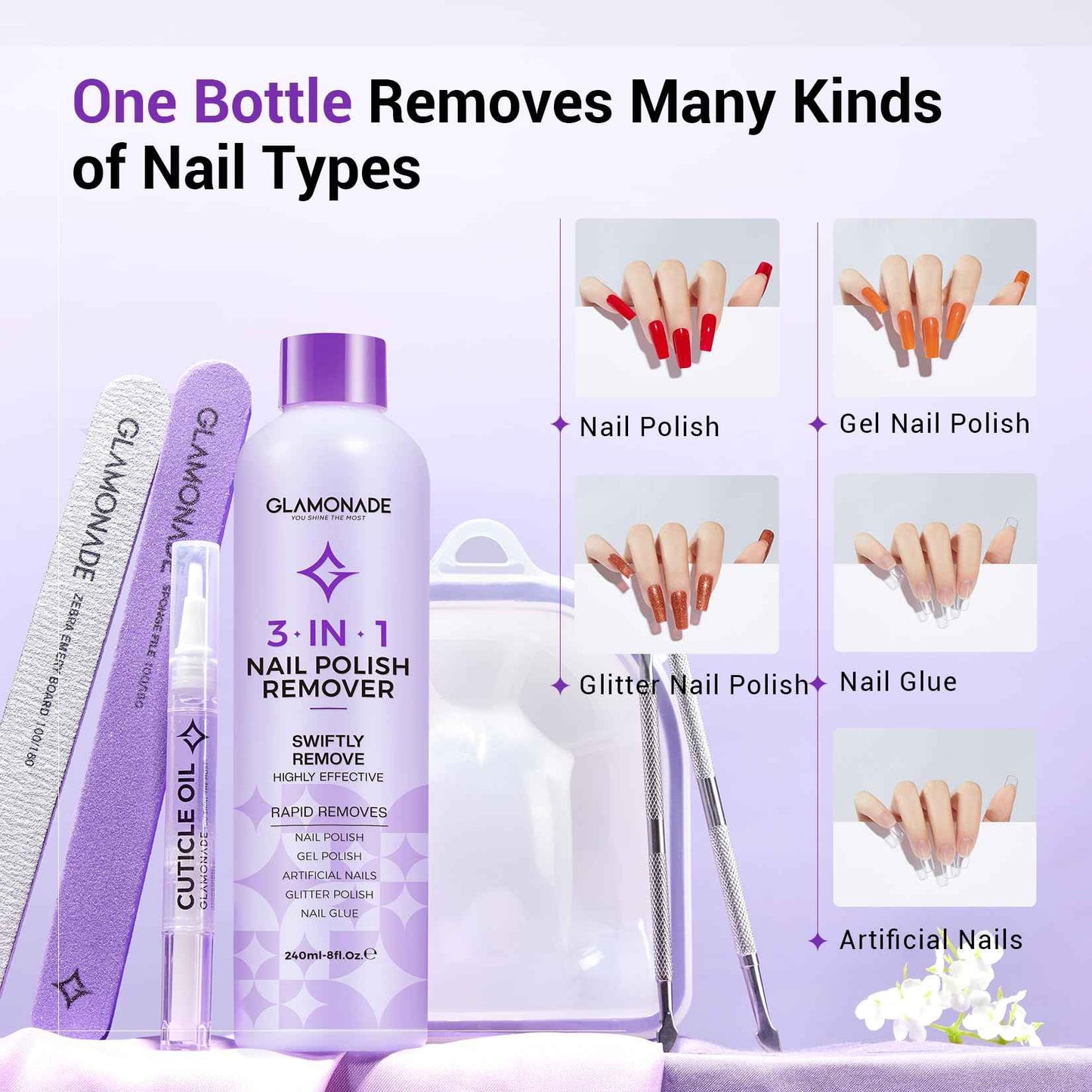 Glamonade Acetone Nail Polish Remover Kit: Soak off Gel Polish Remover Includes Nail File, Nail Buffer Block, Cuticle Pusher, Cuticle Peeler, Nail Polish Soak Off Bowl & Cuticle Oil(8 Fl.Oz.)