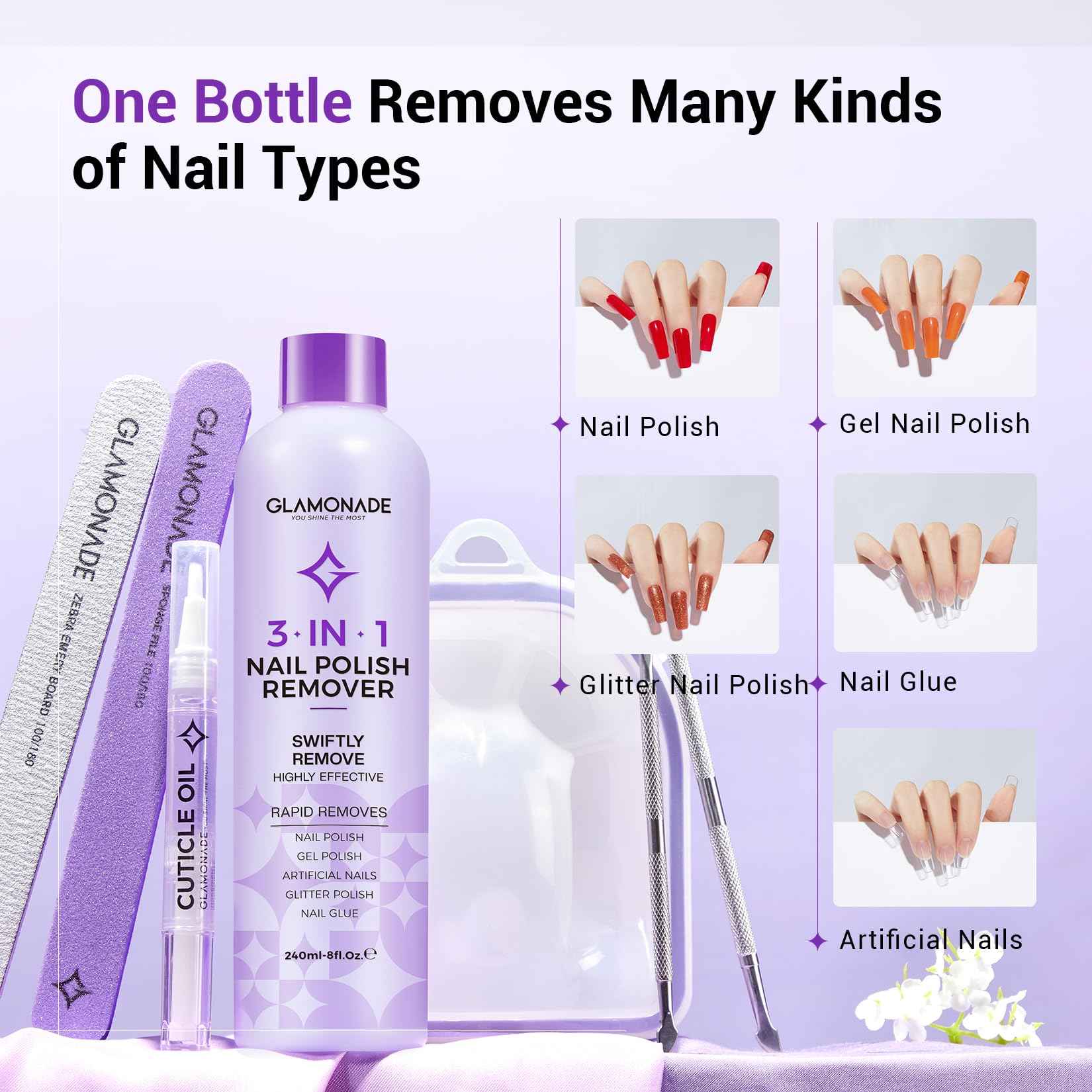 Glamonade Acetone Nail Polish Remover Kit: Soak off Gel Polish Remover Includes Nail File, Nail Buffer Block, Cuticle Pusher, Cuticle Peeler, Nail Polish Soak Off Bowl & Cuticle Oil(8 Fl.Oz.)