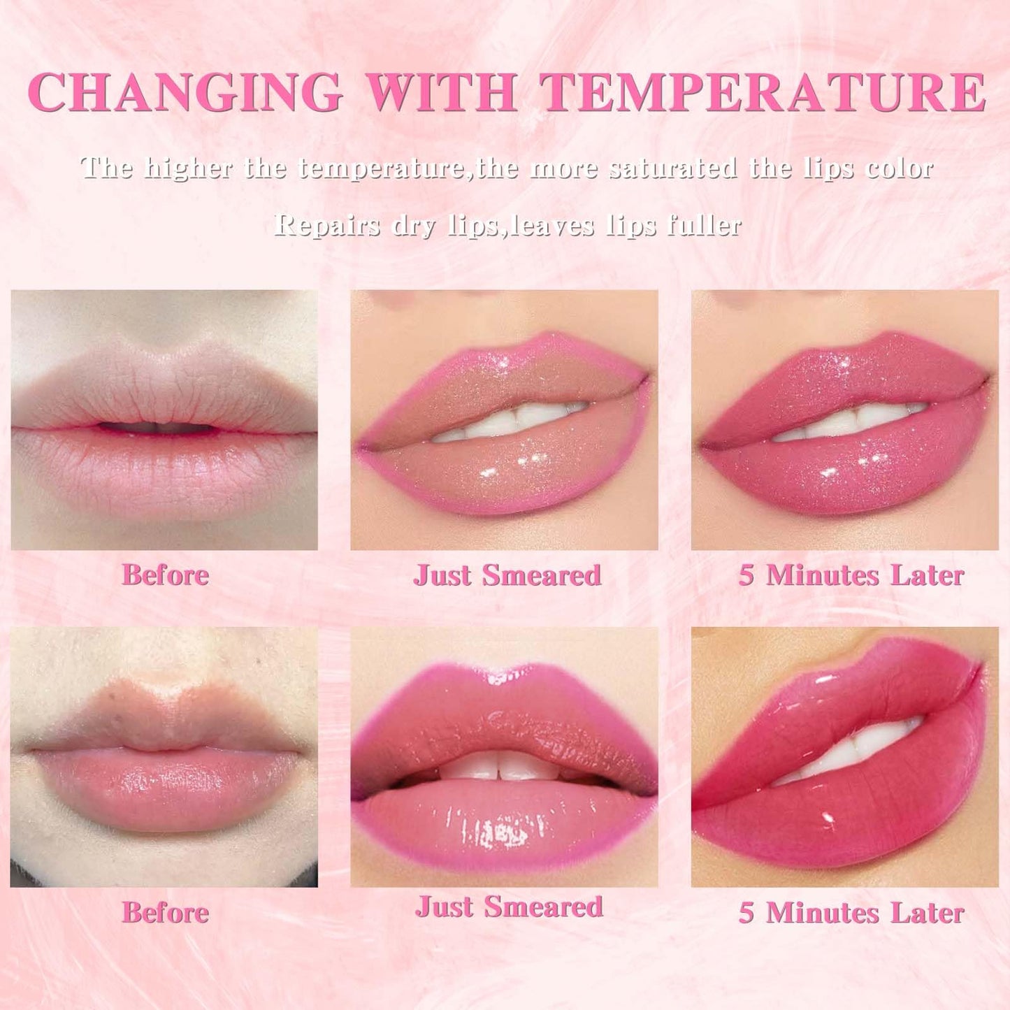 Wugbc 3Pcs Color Changing Lip Oil and Lip Liner, Hydrating Magic Lip Plumper Gloss, Tinted PH Pearlescent Clear to Pink Lip Glow Oil Stain Tint, Warm Change Moisturizing Non-Sticky Primer Lips Makeup