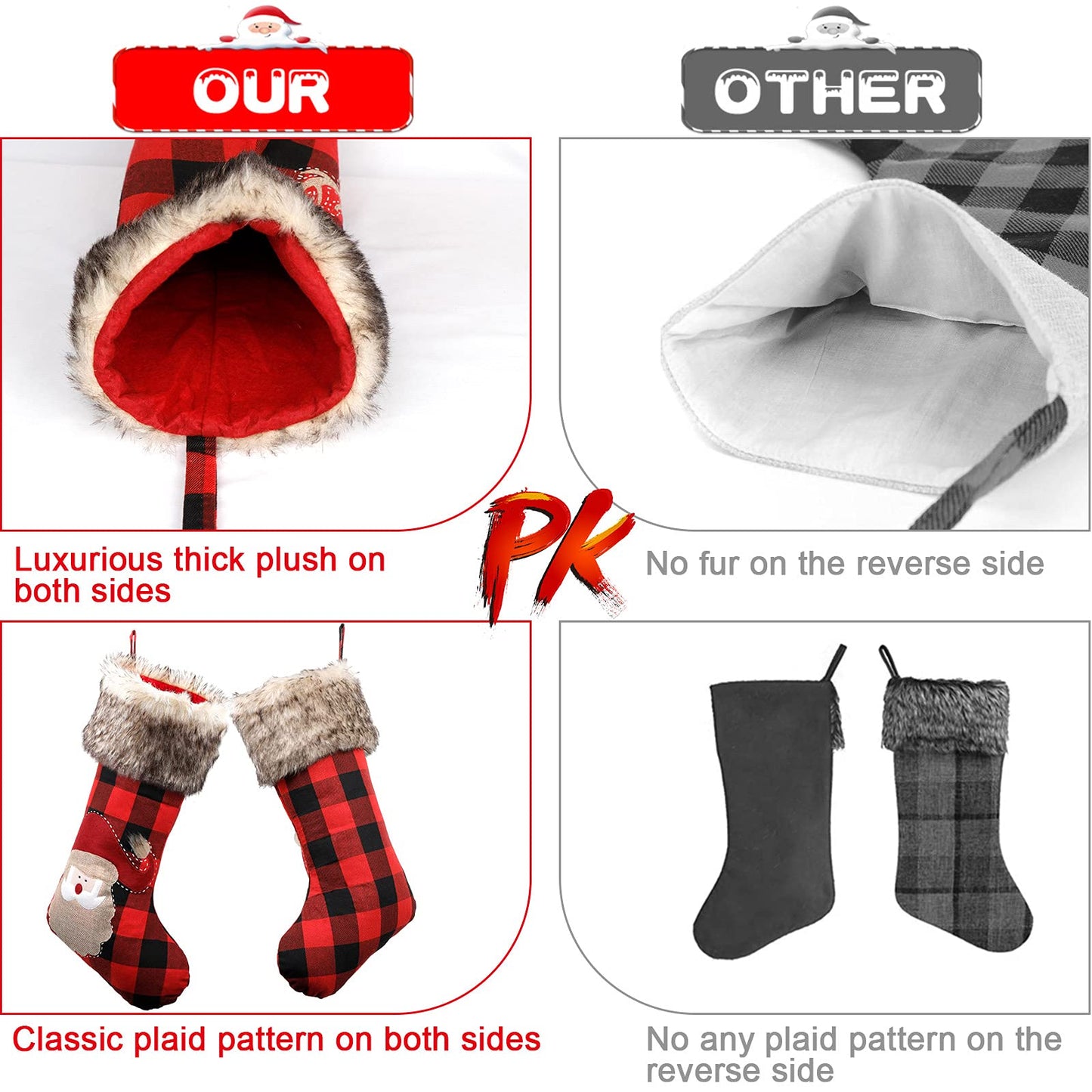 GUDELAK Buffalo Plaid Christmas Stockings, 3 Pack 18 Inches Red and Black Plaid Christmas Decor, Rustic Christmas Stockings with Plush Faux Fur Cuff for Kids Family Farmhouse Christmas Tree Decoration