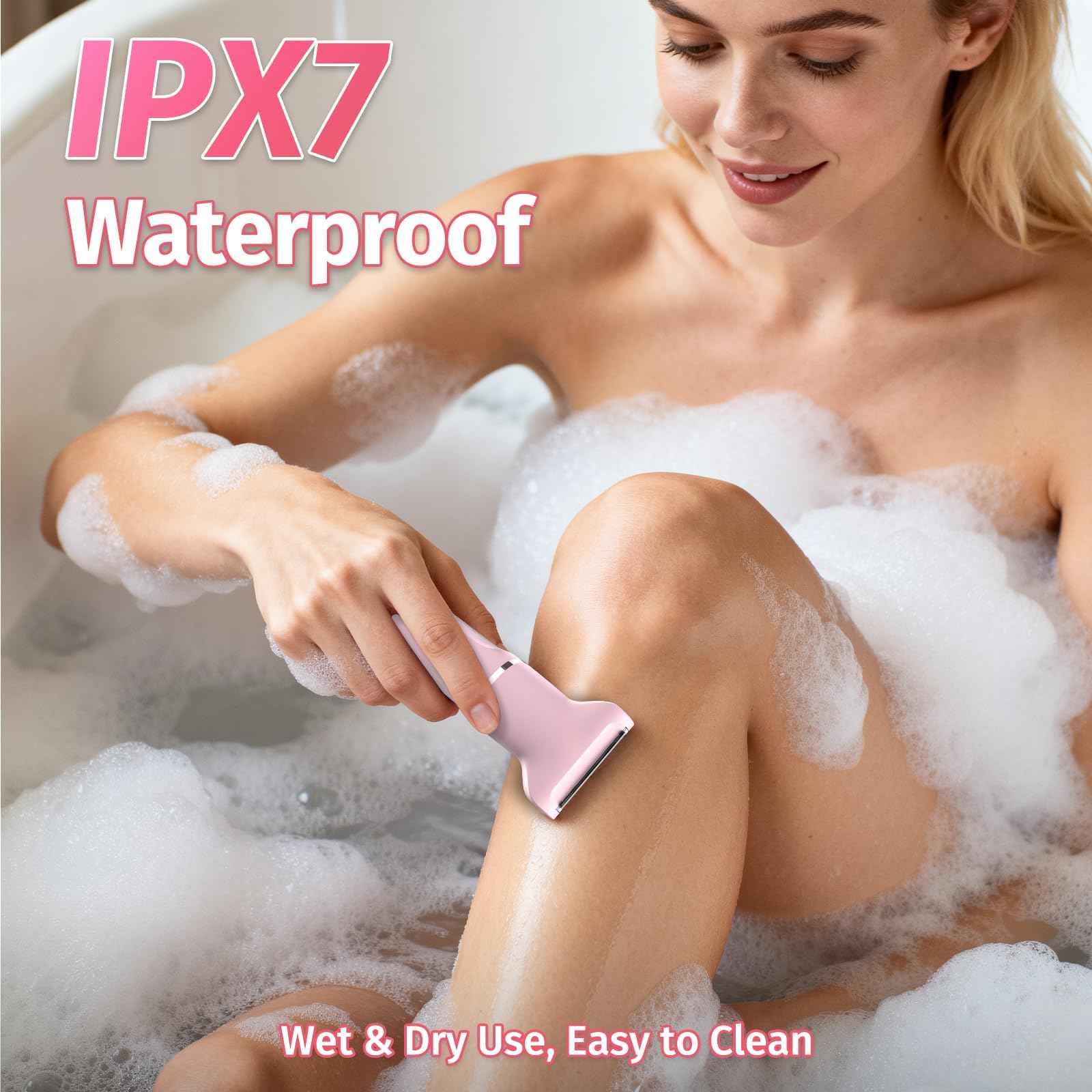 Bikini Trimmer for Women,5-in-1 Electric Razors for Women,Electric Shaver for Women's,IPX7 Waterproof Trimmer for Men Legs,with 5 Replaceable Blade Heads,USB Recharge Dock（Pink）