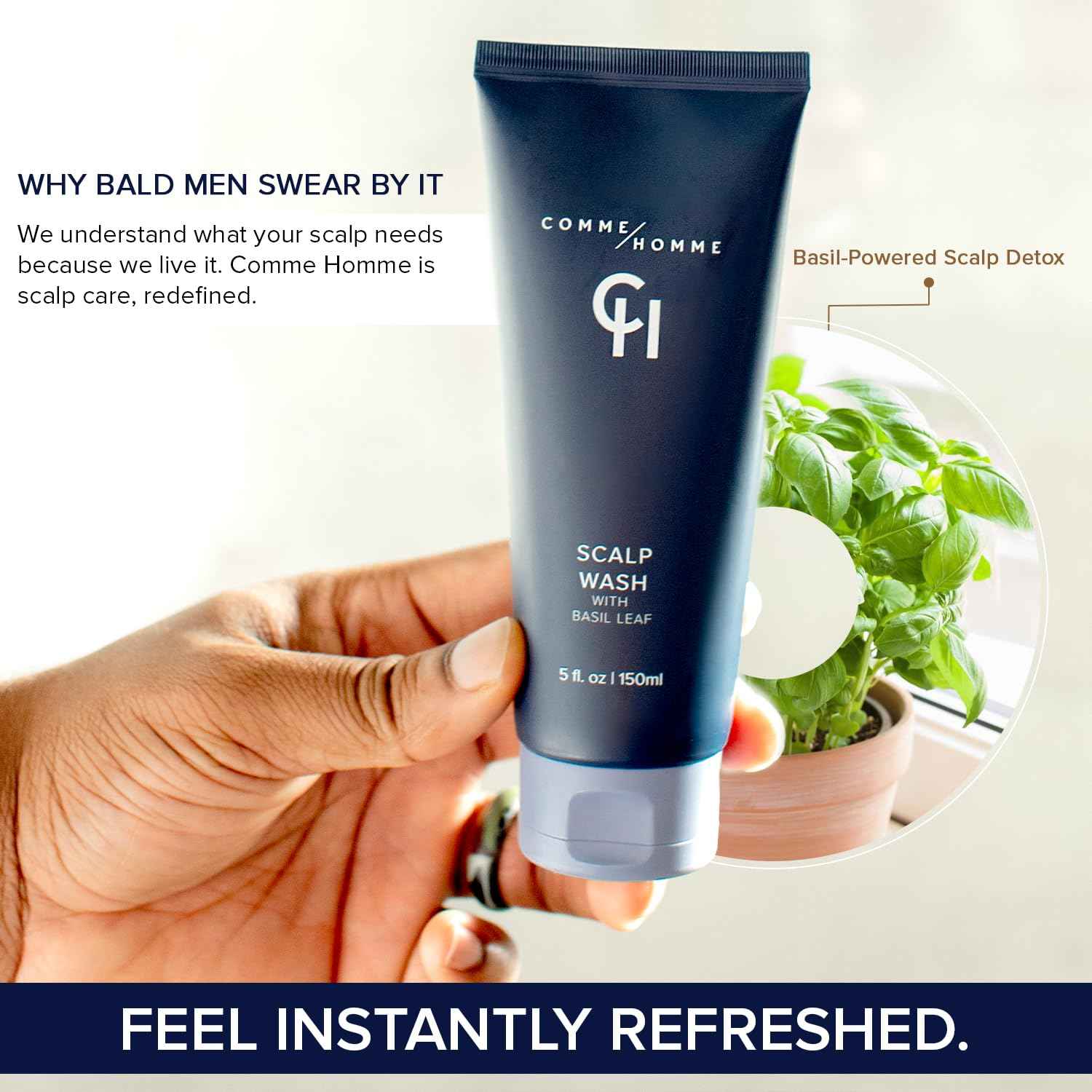 Comme Homme Hydrating Scalp Wash for Bald Men | Daily Face & Scalp Cleanser with Aloe, Basil, Tea Tree & Caffeine | Gently Cleanses, Soothes & Energizes | Pack of 2 (5 fl oz Each)