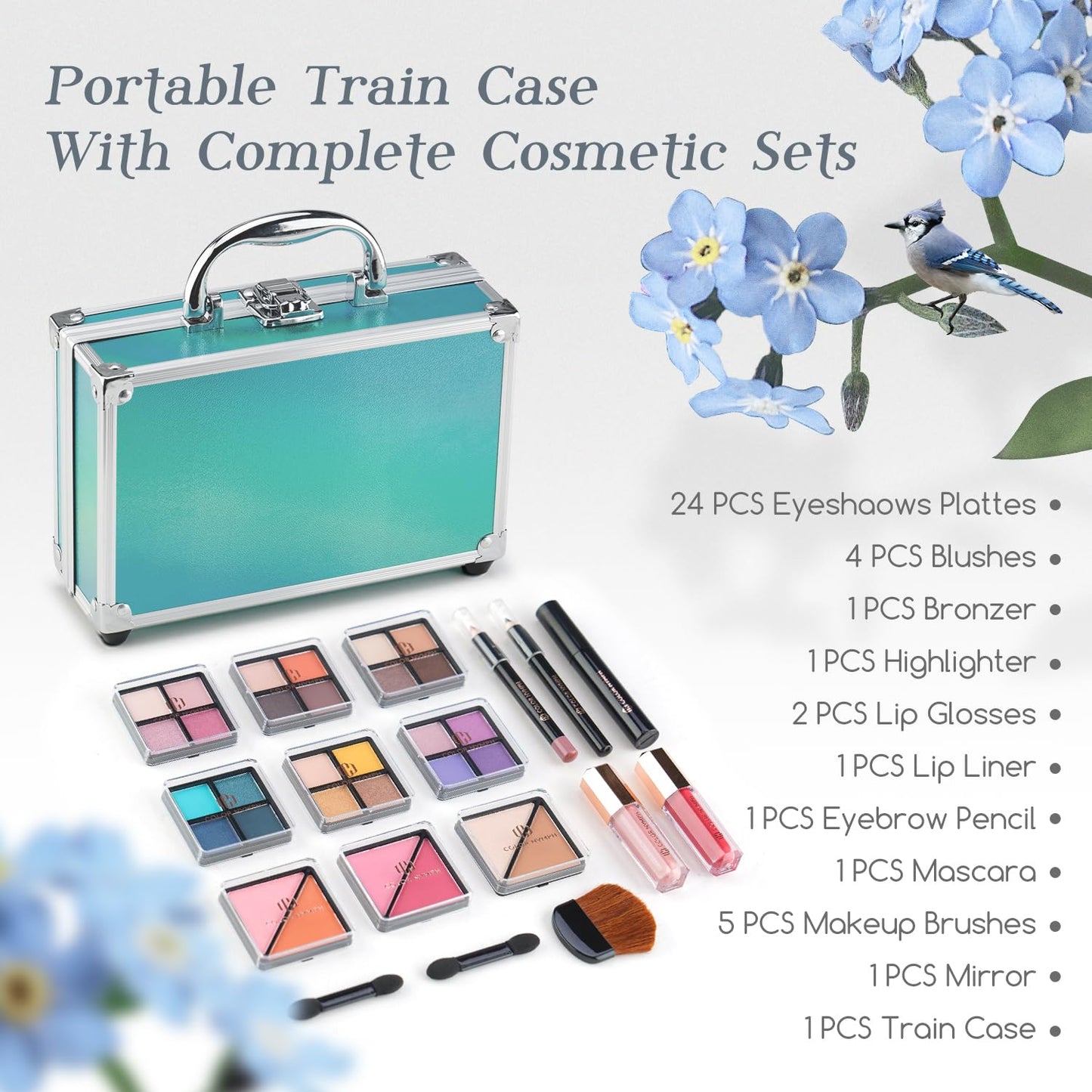 Color Nymph Beginner Makeup Kits For Teens With Train Case Included Full Makeup Kit Eyeshadow Palette Blushes Bronzer Highlighter Lipstick Brushes Mirror (Green)