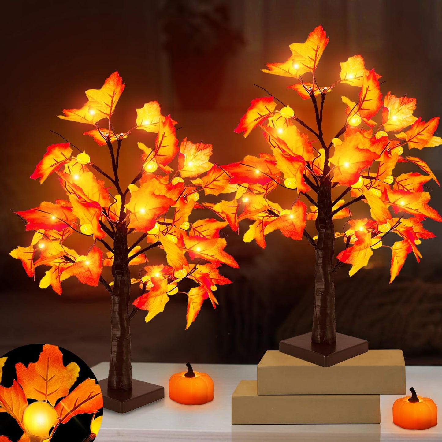 TURNMEON 18'' Fall Thanksgiving Lighted Maple Tree with Timer 24 Pumpkin Lights Battery Operated Lighted Artificial Maple Leaf Tree for Thanksgiving Decor Fall Autumn Harvest Home Tabletop Indoor