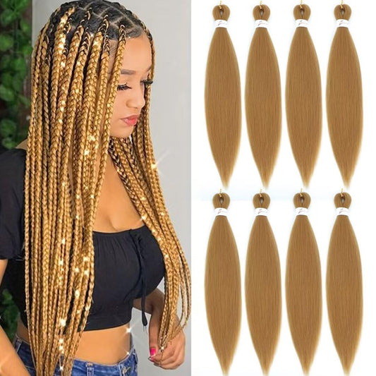 Msloosily 27 Braiding Hair Pre Stretched 8 Packs 20inch Honey Blonde Braiding Hair Pre Stretched Synthetic Fiber Crochet Braids Hair Extension Hot Watter Setting 80g/pack(#27,8Packs,20inch)