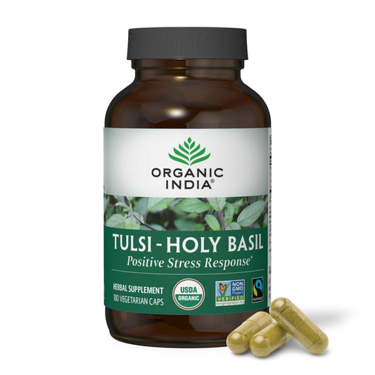 Organic India Tulsi Holy Basil Capsules - Holy Basil Extract - Holy Basil Leaf Supplement, Herbal Supplement, Immune Support, Stress Relief, Vegan, Gluten-Free, Kosher, Organic, Non-GMO - 180 Capsules