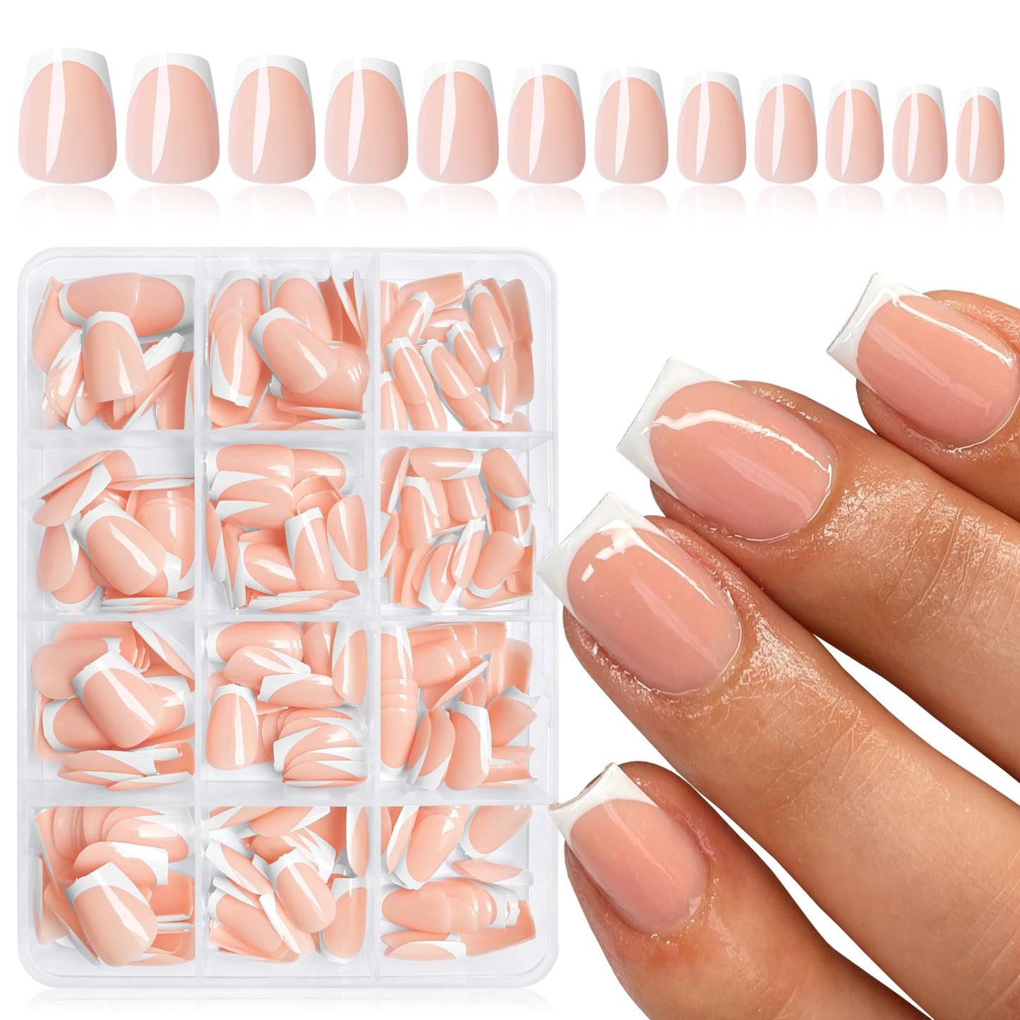 Bellelfin 240Pcs French Tip Press on Nails Coffin White French Nails Press on Short Fake Nails Glossy French Tips Glue on Nails Artificial Acrylic Nails for Women Girls Fingernails Design