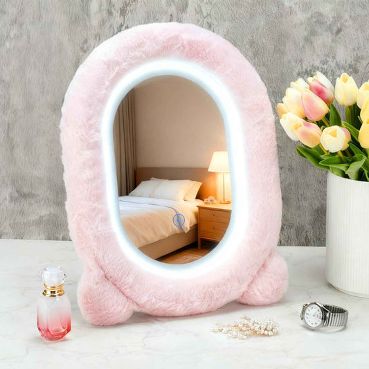 BJSSBJH Lighted Makeup Mirror, 12”x16” Vanity Mirror with 3 Colors, Fur Wrapped Cosmetic Light Up Mirror Smart Touch Dimmable 3 Modes Light Tabletop Compact Mirror for Women Girlfriend Gift (Pink)