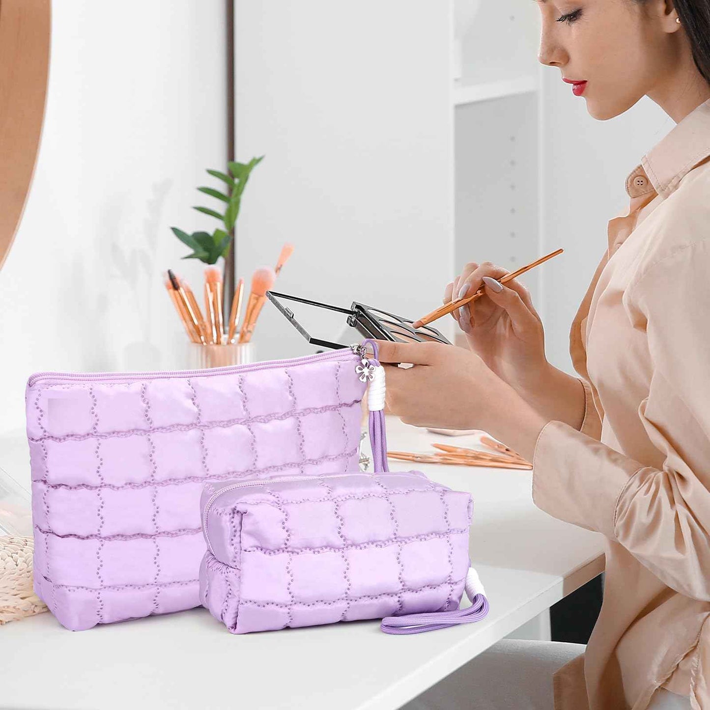 Richeart Makeup Bag Travel Toiletry Bag - Checkered Down Cotton Makeup Pouch for Women with Cosmetic and Pencil, Aesthetic Purple Design, Small