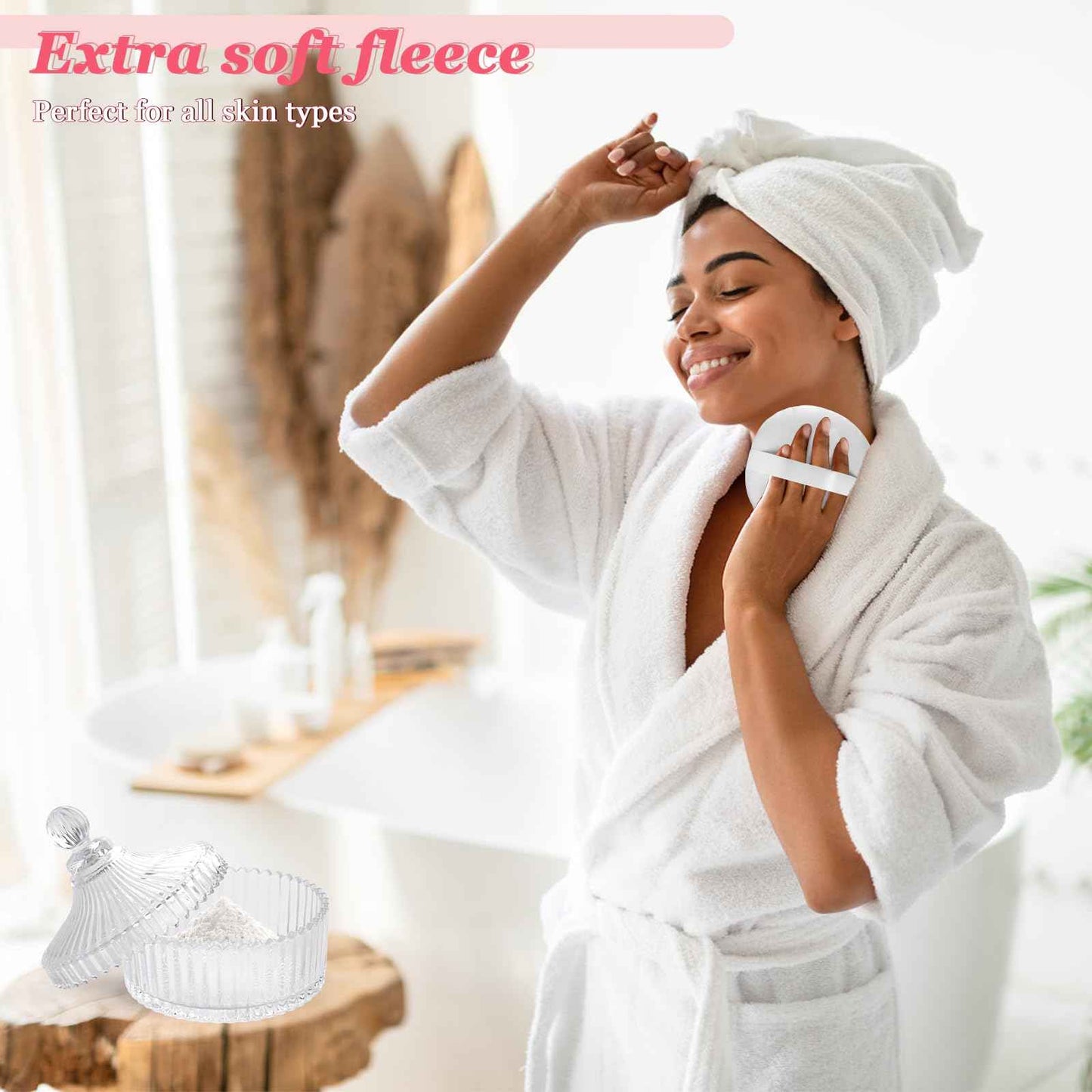 YINGMAN 2Pcs Extra Large Body Powder Puff & Luxury 6" Glass Jar Dusting Powder Container with Puff for Women Bath Powder Puffs Perfect for Talcum or Loose Powder (White)