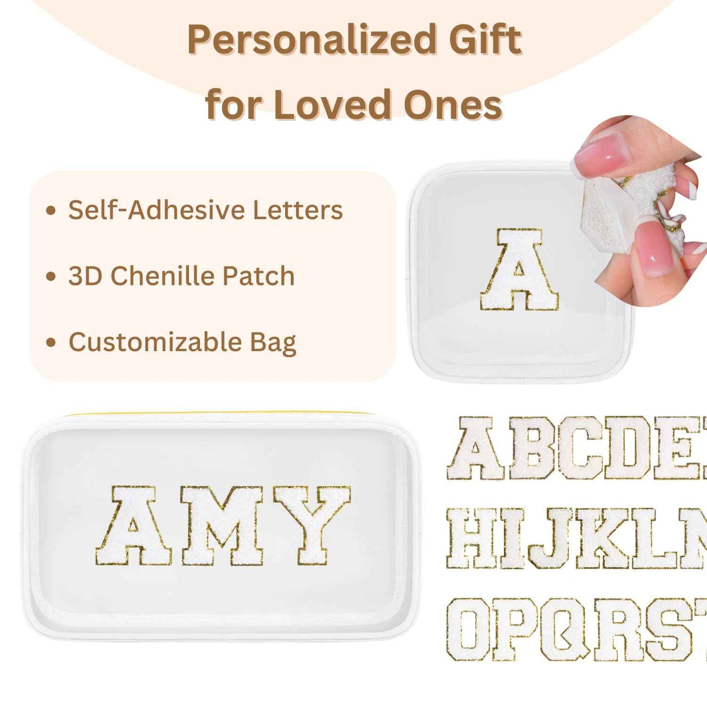 GODEAGLE Personalized Travel Makeup Bag Set, 2PCS Toiletry Bag & 26 Chenille Letters, Elegant Skincare Bag, DIY Bridal Shower Gifts for Engagement Wedding (White)