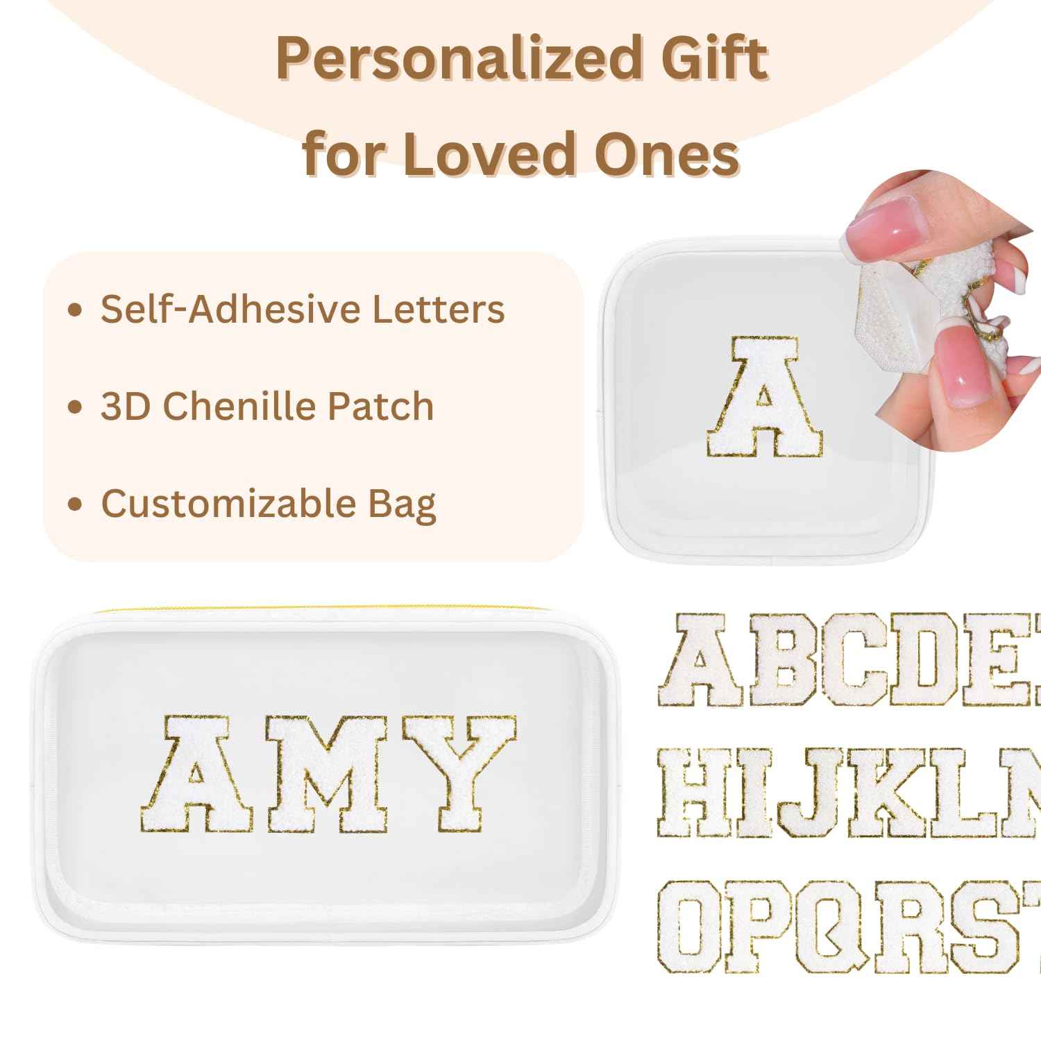 GODEAGLE Personalized Travel Makeup Bag Set, 2PCS Toiletry Bag & 26 Chenille Letters, Elegant Skincare Bag, DIY Bridal Shower Gifts for Engagement Wedding (White)