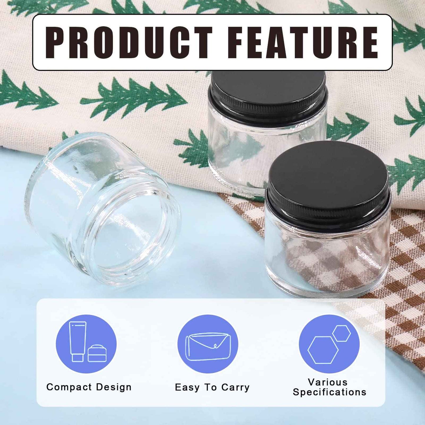 Glarks 12 Pack 2oz 4oz 8oz Glass Jars with Lids, Round Clear Glass Jars with Inner Liner and Black Lids for Storing Creams, Beauty Products, Cosmetic, Lotion and Ointments