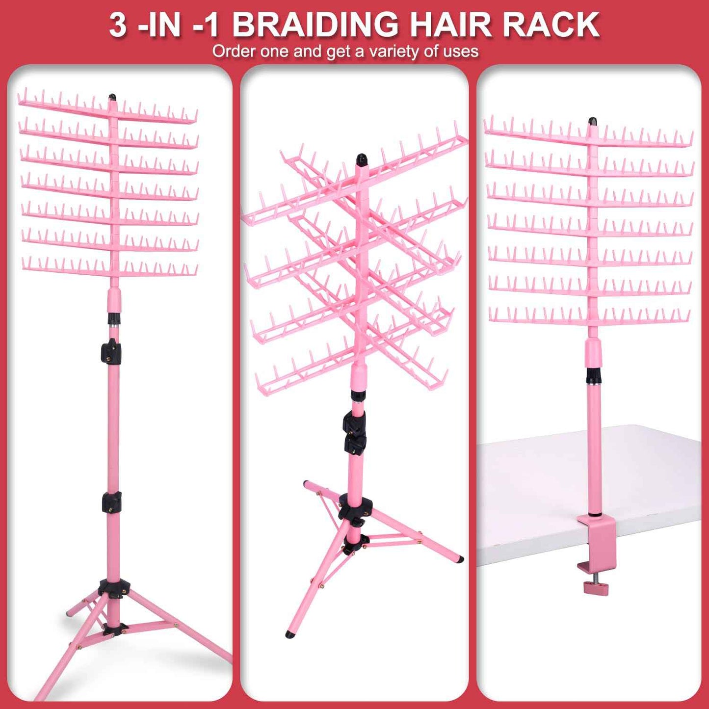 poipoilu Height Adjustable Braiding Hair Rack 168 pegs, Dual-use Braid rack with Clamp (Pink)