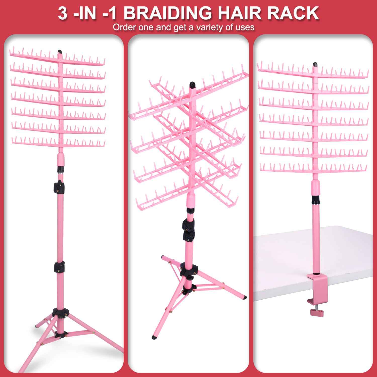poipoilu Height Adjustable Braiding Hair Rack 168 pegs, Dual-use Braid rack with Clamp (Pink)