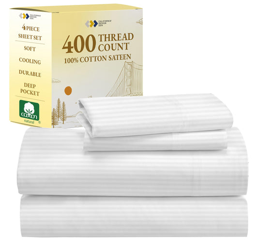 California Design Den Striped Sheets for Full Size Bed, Soft 100% Cotton Sheets, Luxury 400 Thread Count Sateen, 4 Piece Deep Pocket Cooling Sheets Set (White Sheets)