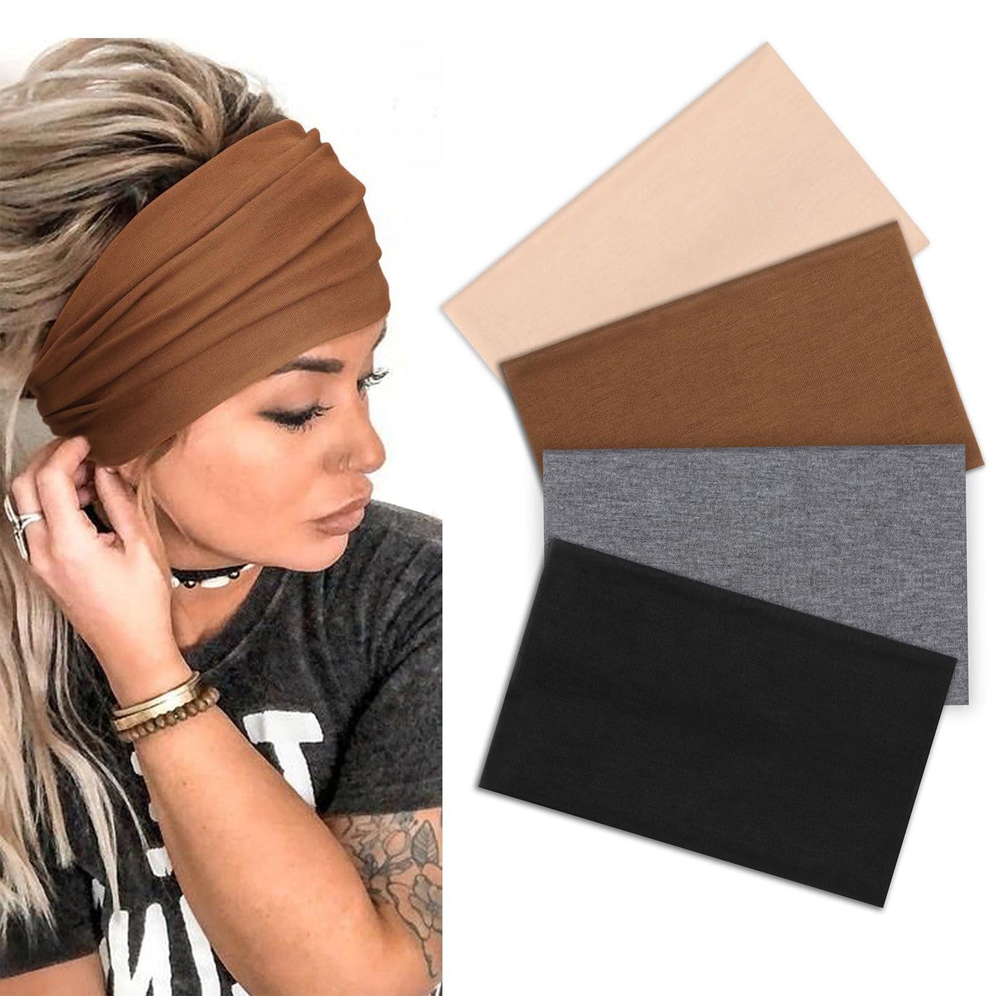 DRESHOW 4 Pack Turban Headbands for Women Wide Vintage Head Wraps Knotted Cute Hair Band Accessories