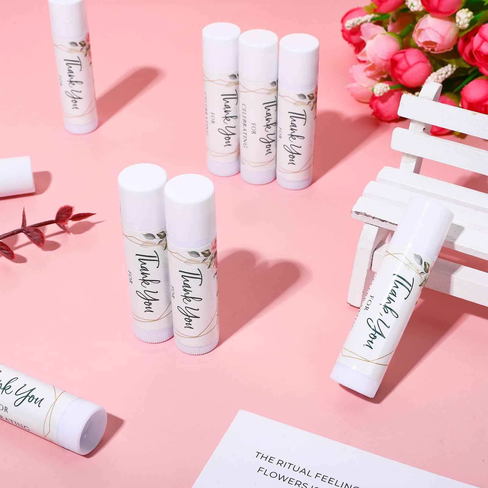 Whaline 60Pcs Thank You Gift Lip Balm Bulk Wedding Lip Balms Vanilla Flavor Floral Moisturizing Lip Care Guest Basket Gift Stuffer for Bridal Shower Baby Shower Birthday Party Favor Supplies