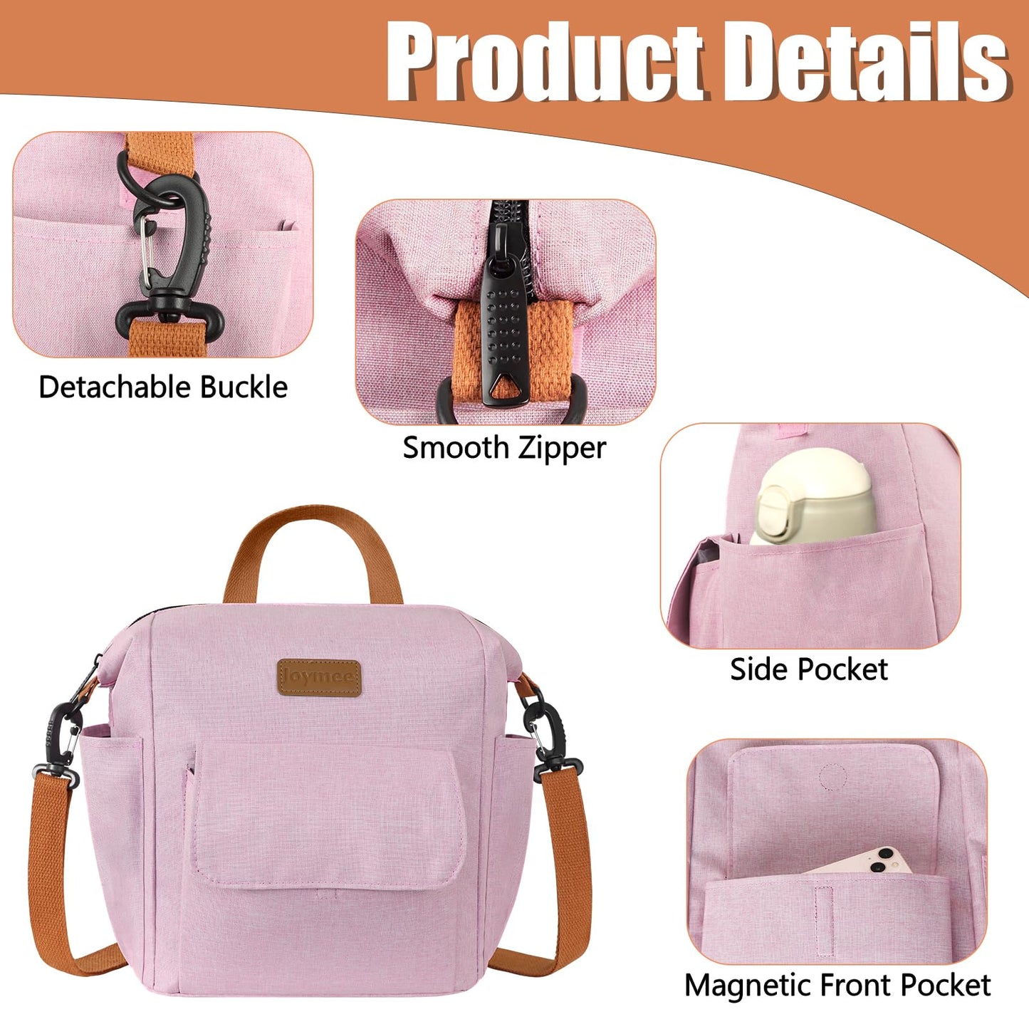 Joymee Insulated Lunch Bag for Women Men- Leak-proof Large Capacity Reusable Versatile Lunch Bag Adjustable Shoulder Strap Side Pockets- Lunch Cooler Bag for Adult - for Trip, Picnic, Work, Light Pink