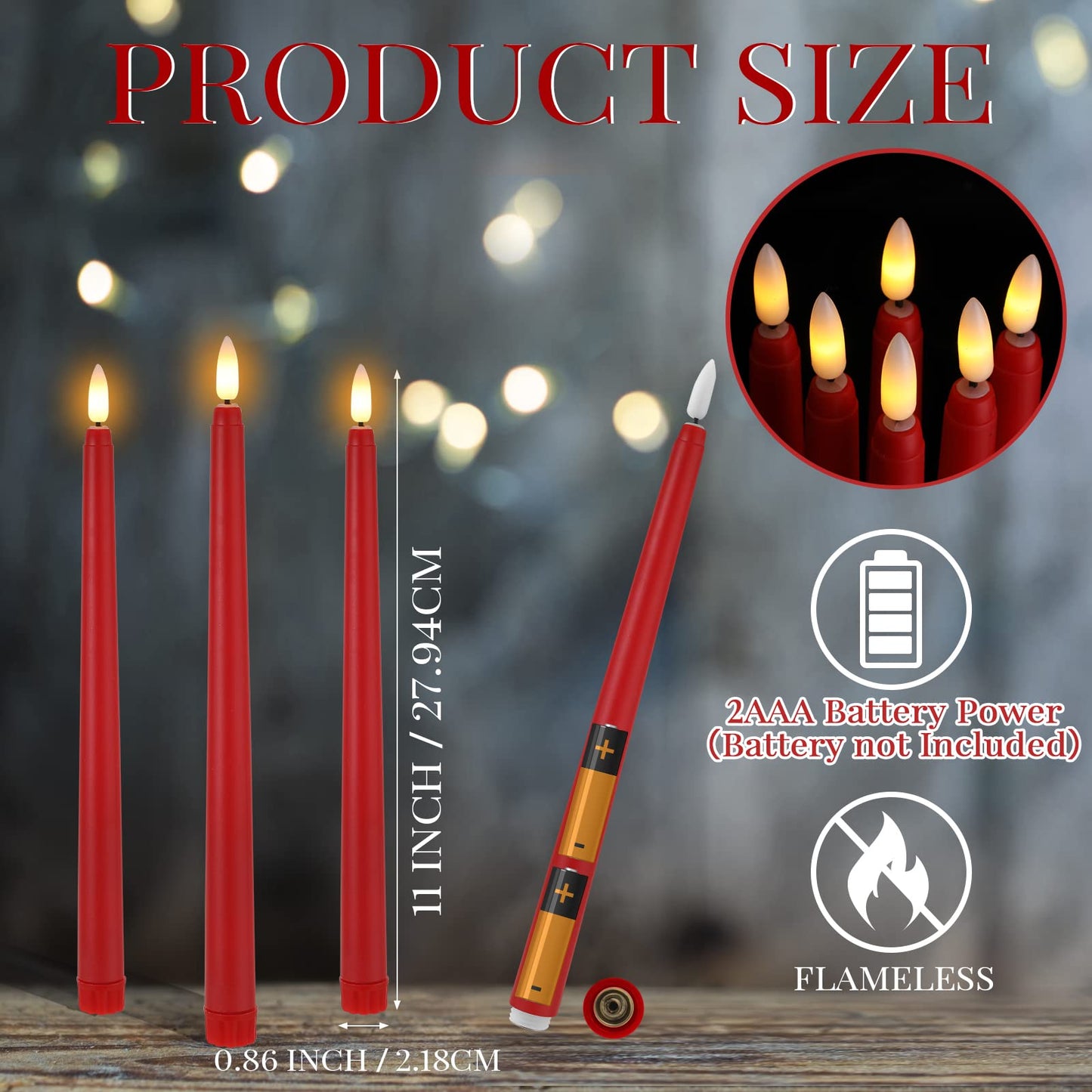 Macarrie 24 Packs Flameless Taper Candles Battery Operated 11 Inch Long Candle Light LED Flameless Candlesticks Fake Candles Flickering Tapered Candles for Wedding, Christmas(Red)