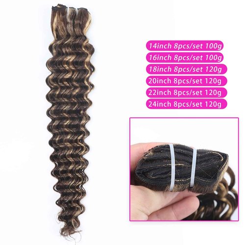 Curly Clip in Hair Extensions Real Human Hair 14inch 100g Invisible & Seamless 100% Brazilian Remy Human Extension Deep Wave Clip ins Extensions Double Weft 8 PCS with 20 Clips Highlight P427