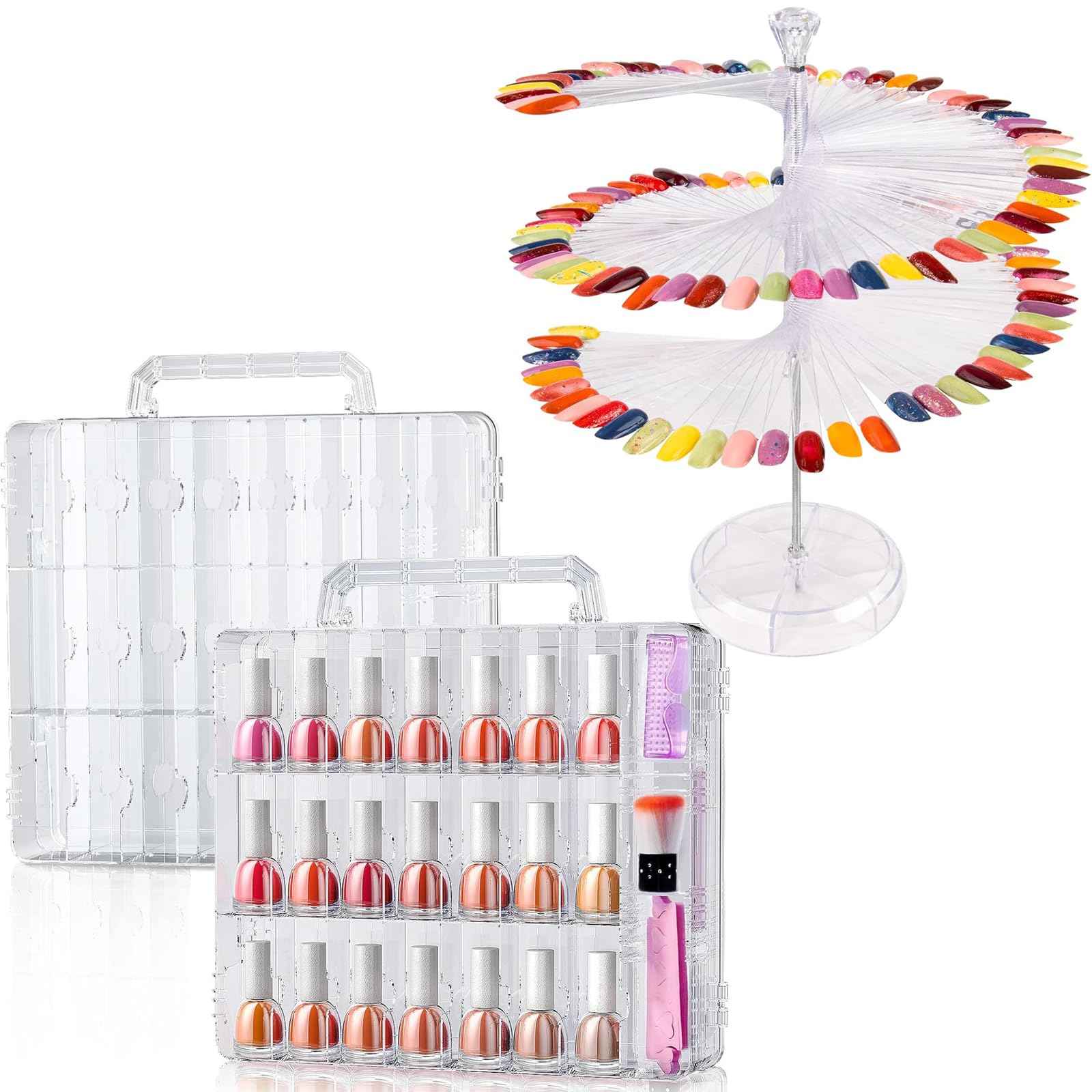 Nail Polish Organizer 2Pcs with 120Pcs Clear Nail Color Swatches Display for Gel Polish Spiral Nail Sample Practice Sticks