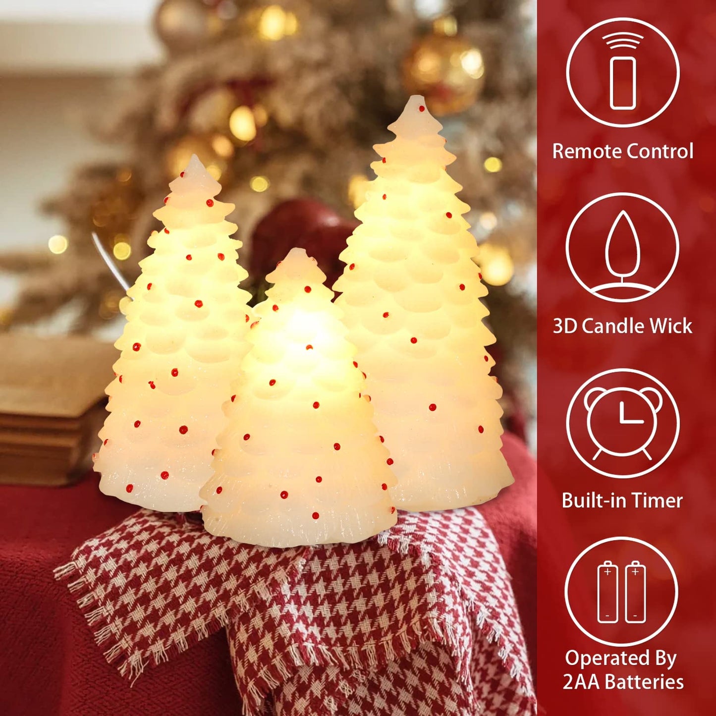 MELTONE Christmas Tree LED Candles: Handmade Carved Real Wax Holiday Flameless Candles with Remote - Home Party Bedroom Xmas Holiday Decorations - Set of 3