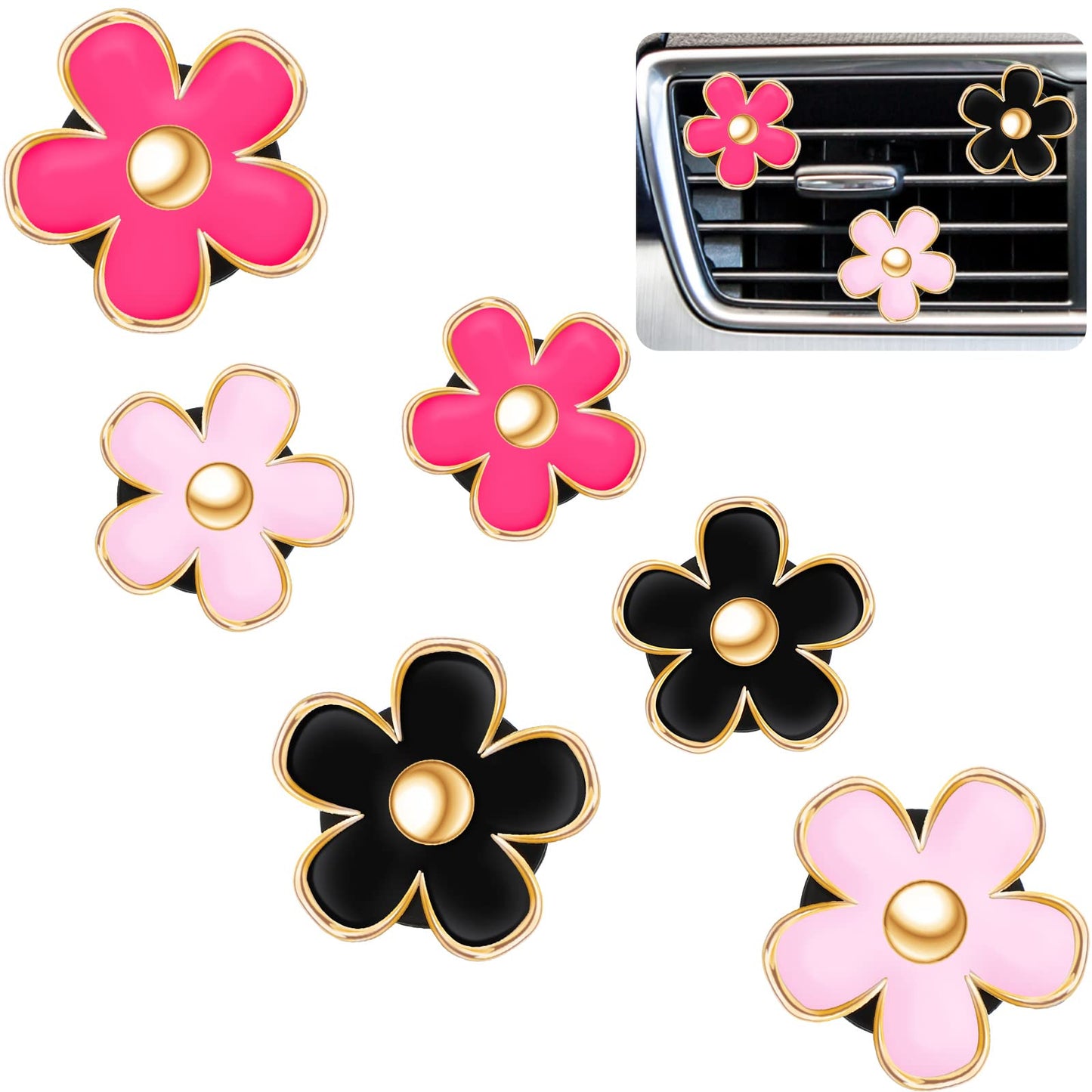 Frienda 6 Pcs Daisy Flower Air Vent Clip Air Freshener Outlet Clip Car Air Conditioning Clip Charm Car Inter Decor(Red, Pink, Black, 3 cm, 3.3 cm)