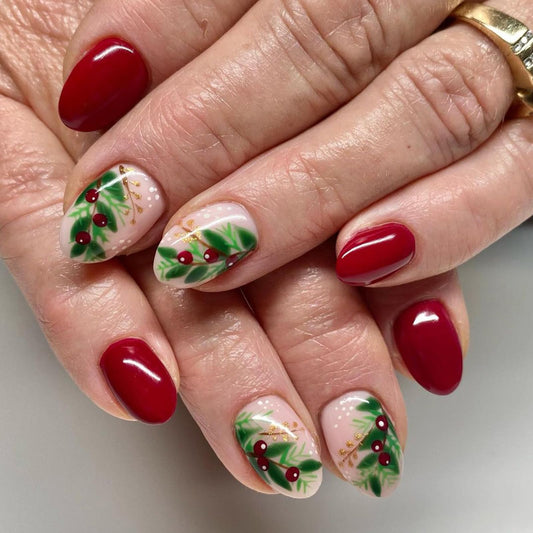 Christmas Nails Press on Nails Short Almond Fake Nails with Designs Red Nude Holly Leaves Hope Joy Purity Full Cover Acrylic Medium False Nails Xmas Winter Glue on Nails for Women and Girls 24Pcs