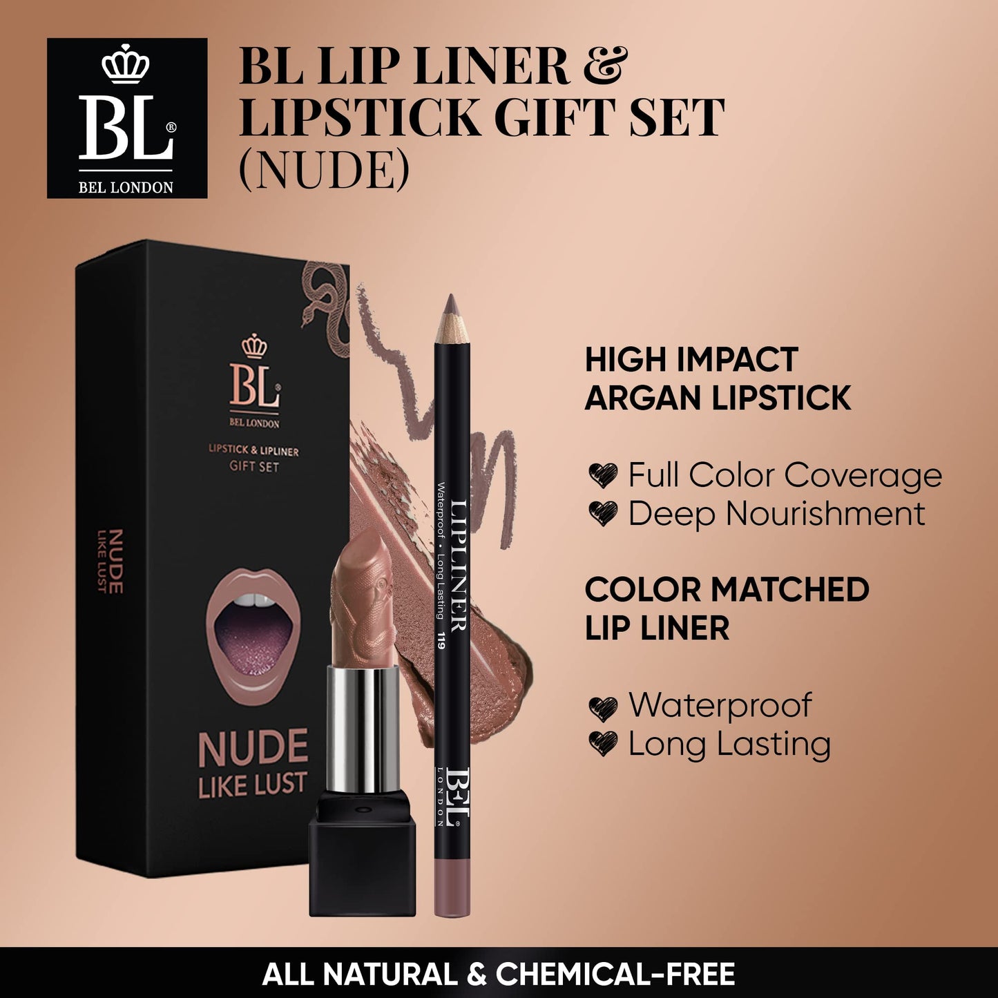 BL Color Matched Lip Liner & Lipstick Set (Nude) - Full-Coverage Argan Long Lasting Lipstick and Lip Liner Set With Natural Oils for Nourishment, Hydration, & Protection - Chemical-Free