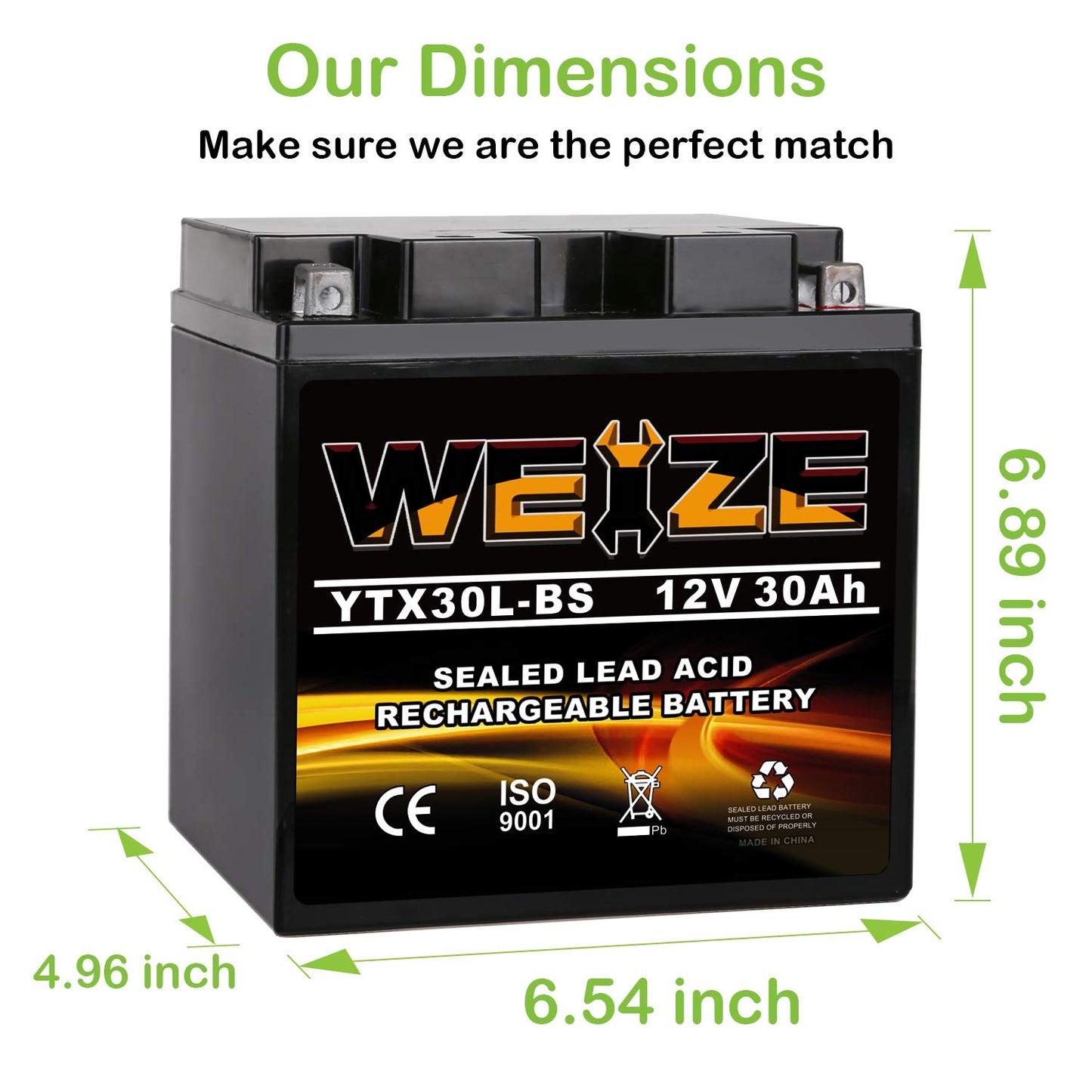 Weize YTX30L-BS Battery Replacement Yuasa YIX30L Motorcycle Battery - Factory Sealed - Maintenance Free - High Performance ETX30L BS For Harley Davidson Polaris Sportsman