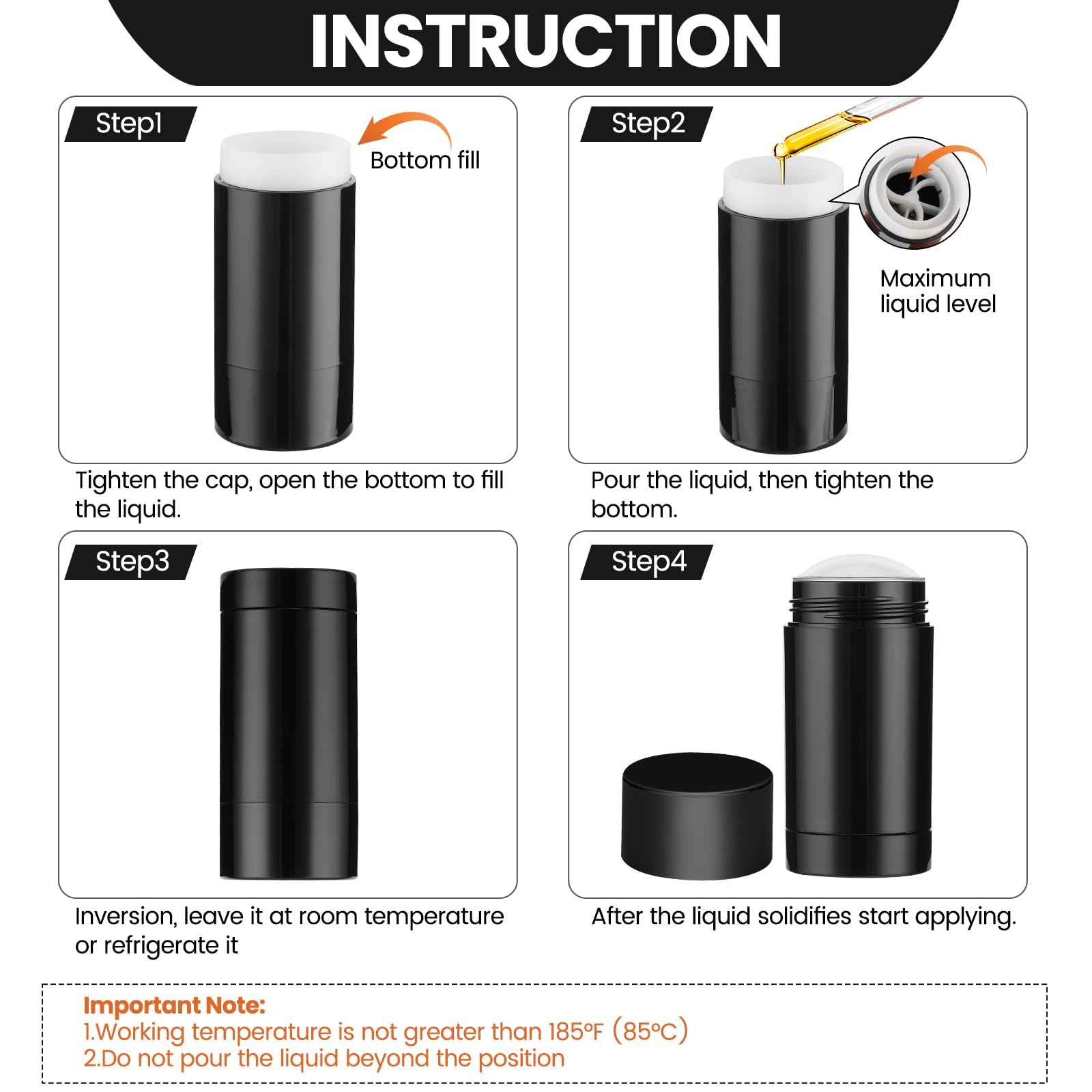 Sherules 15 Pack Black Empty Deodorant Containers - 1.7oz/50ml Twist-Up Refillable Tubes, Bottom-Fill Round Plastic Sticks for DIY Homemade Deodorant, Lip Balm & Solid Cosmetics