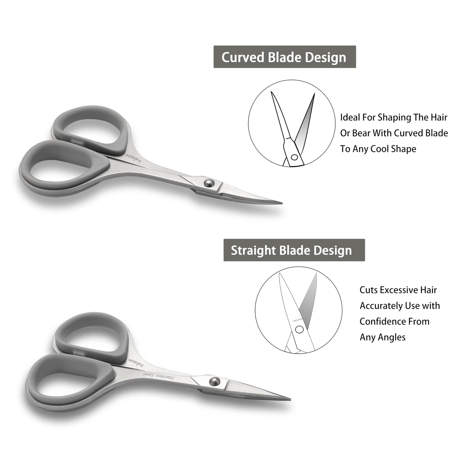 PAFASON High Precision Manicure Scissor Set, 2 PC Multi-Purpose Curved and Straight Cuticle Beauty Grooming Tool for Eyelash, Eyebrow Nail Dry Skin,Stainless Steel, Safety Cases