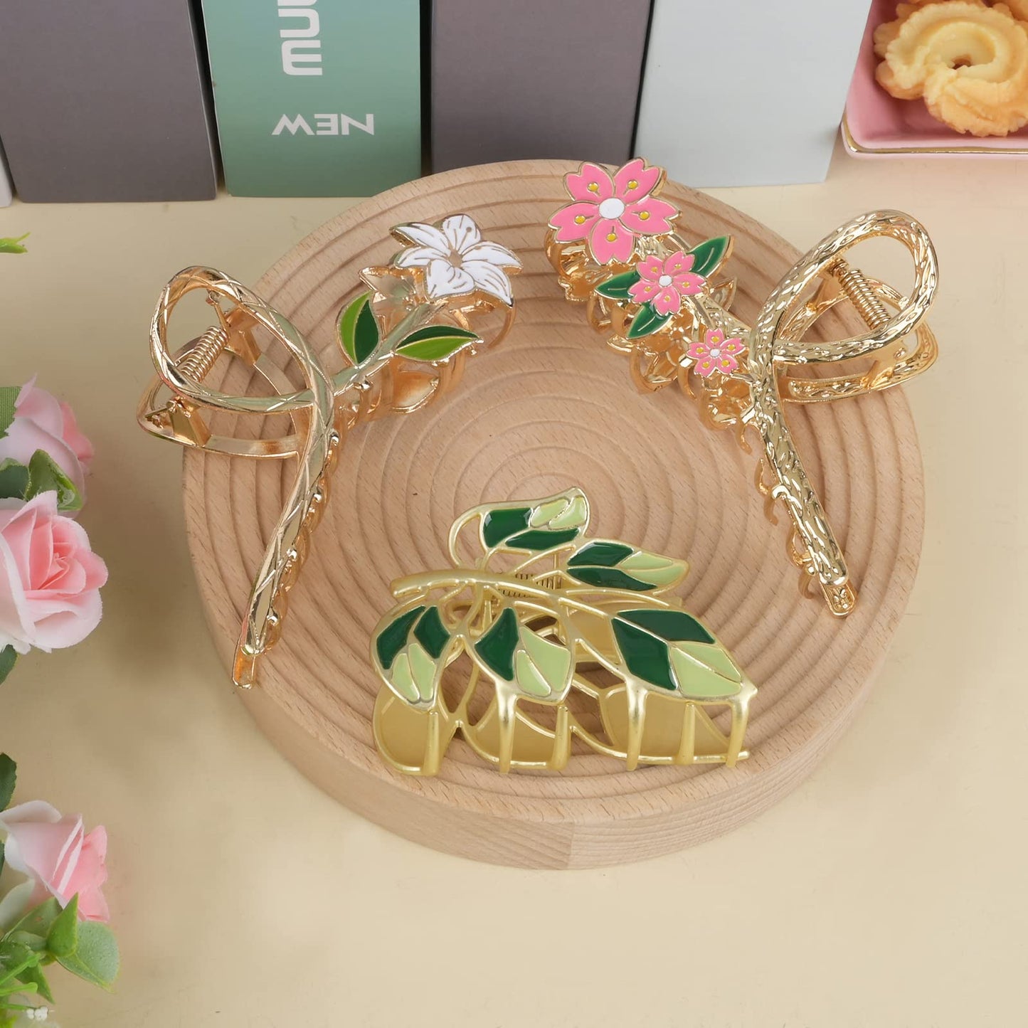 Yonchic 3-Piece Flower Metal Hair Clips, Muticolor Leaves Claw for Thin/Medium Thick Hair, Elegant Orchid Floral Barrettes Strong Hold Clamps Non-Slip Cute Lily Hair Claws Accessories