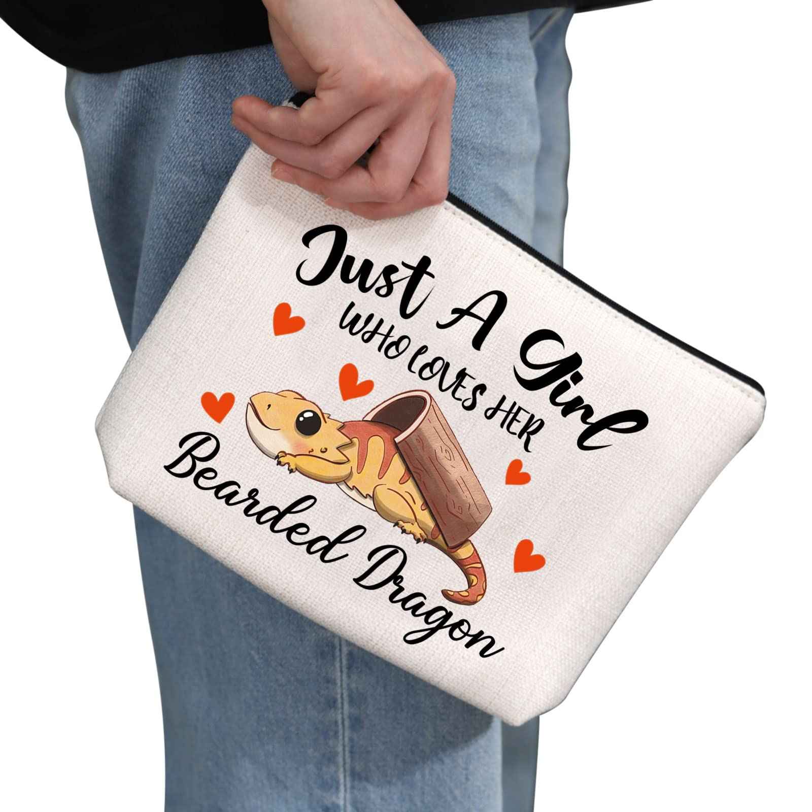 G2TUP Bearded Dragon Lover Gift Who Loves Her Bearded Dragon Makeup Bag Bearded Dragon Mom Cosmetic Bag Lizard Lover Zipper Travel Pouch (Bearded Dragon White Bag)