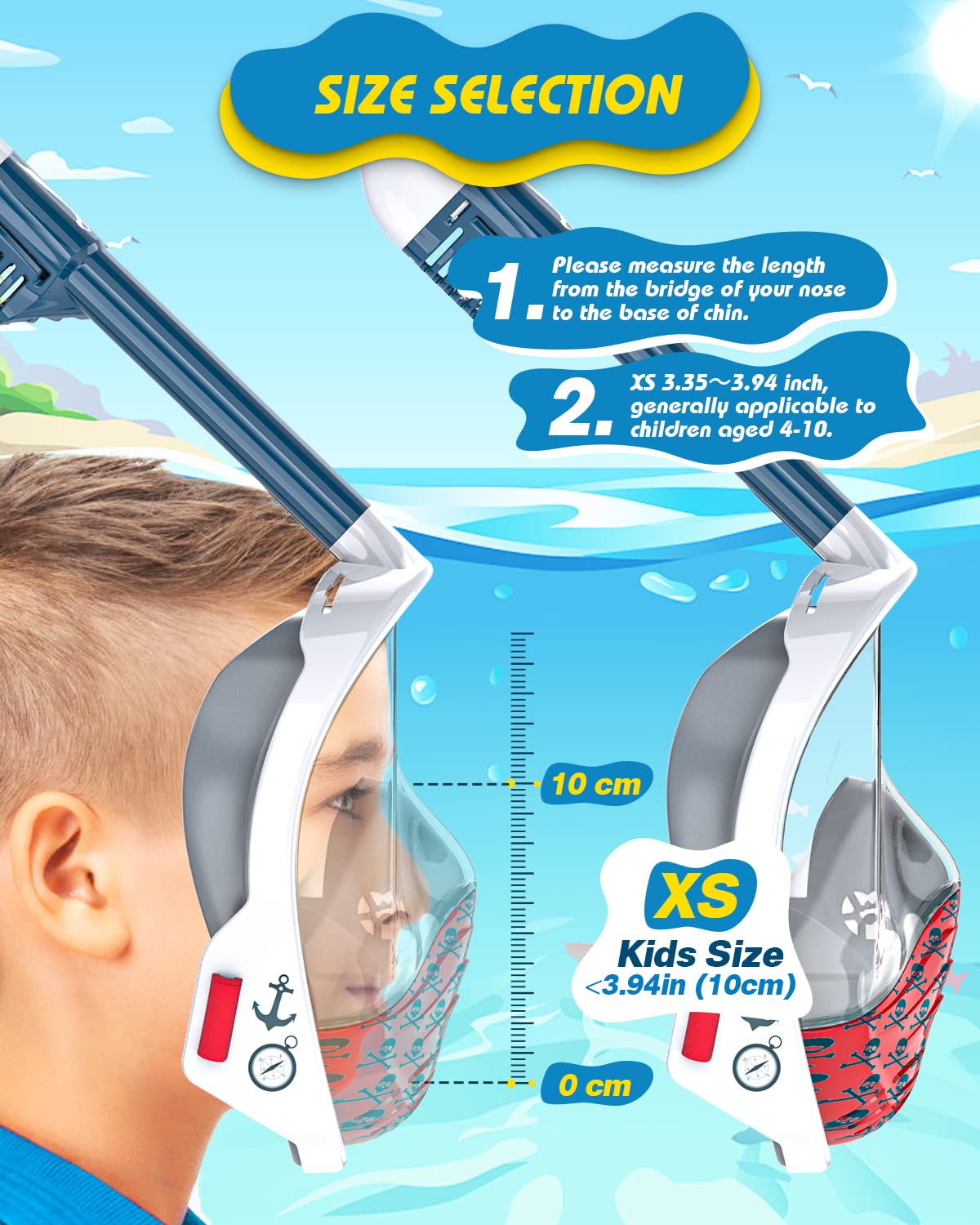 QingSong Kids Snorkel Mask Full Face, Snorkeling Set with Camera Mount, 180 Degree Panoramic View Snorkeling Gear Anti-Fog Anti-Leak