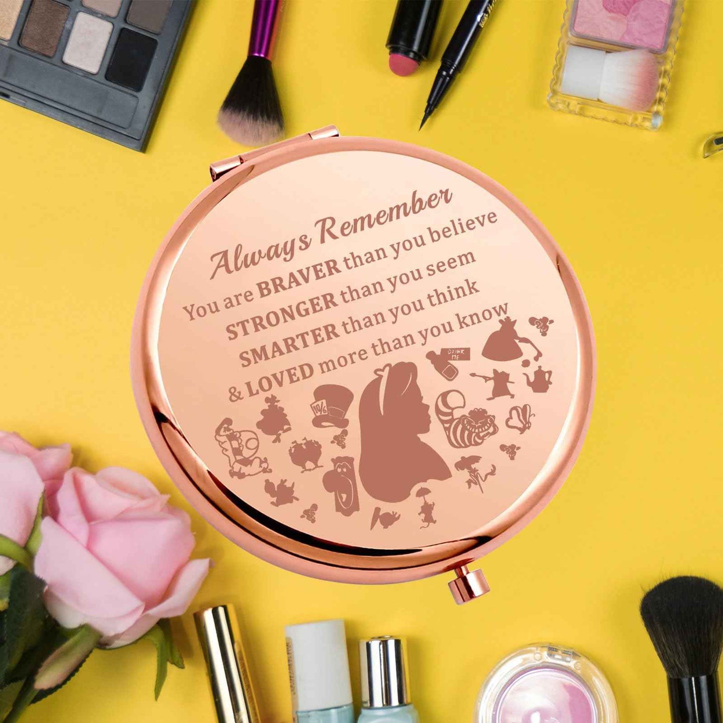 KEYCHIN Alice Fans Pocket Mirror Alice Fairy Tales Gift Always Remember You are Braver Stronger Smarter Than You Think Compact Makeup Mirror(Alice Always-RG)