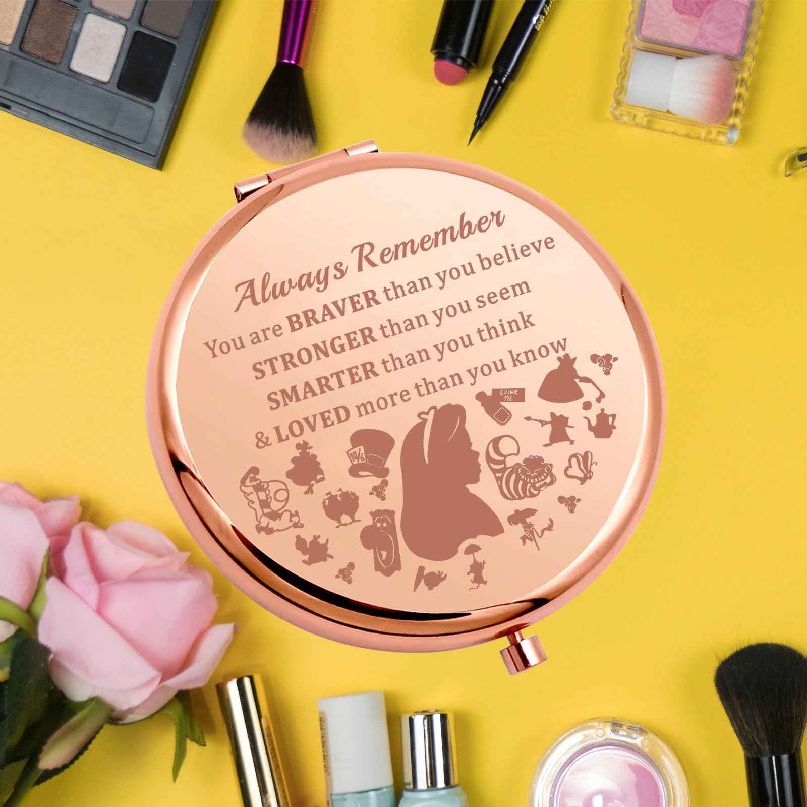 KEYCHIN Alice Fans Pocket Mirror Alice Fairy Tales Gift Always Remember You are Braver Stronger Smarter Than You Think Compact Makeup Mirror(Alice Always-RG)