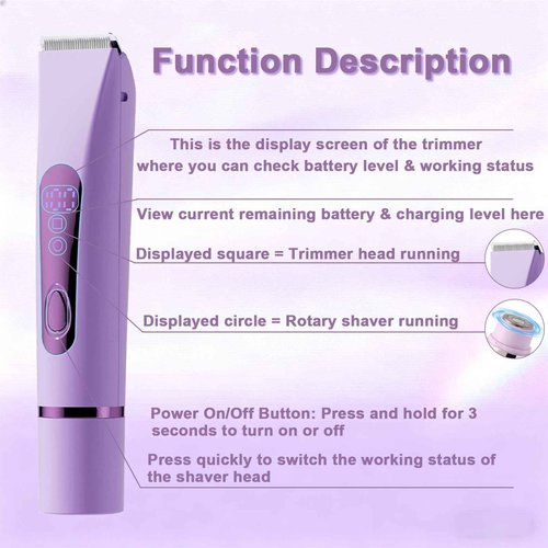 Bikini Trimmer Electric Razors for Women, Rechargeable Pubic Body Hair Trimmer 2-in-1 Electric Shaver for Legs Body Hair, Bikini Shaver (Purple)