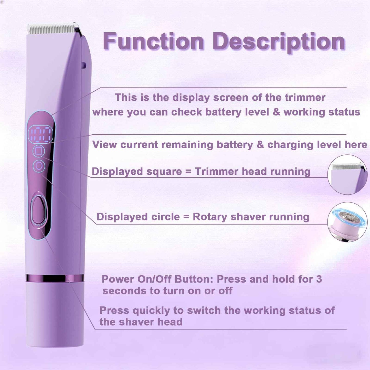 Bikini Trimmer Electric Razors for Women, Rechargeable Pubic Body Hair Trimmer 2-in-1 Electric Shaver for Legs Body Hair, Bikini Shaver (Purple)