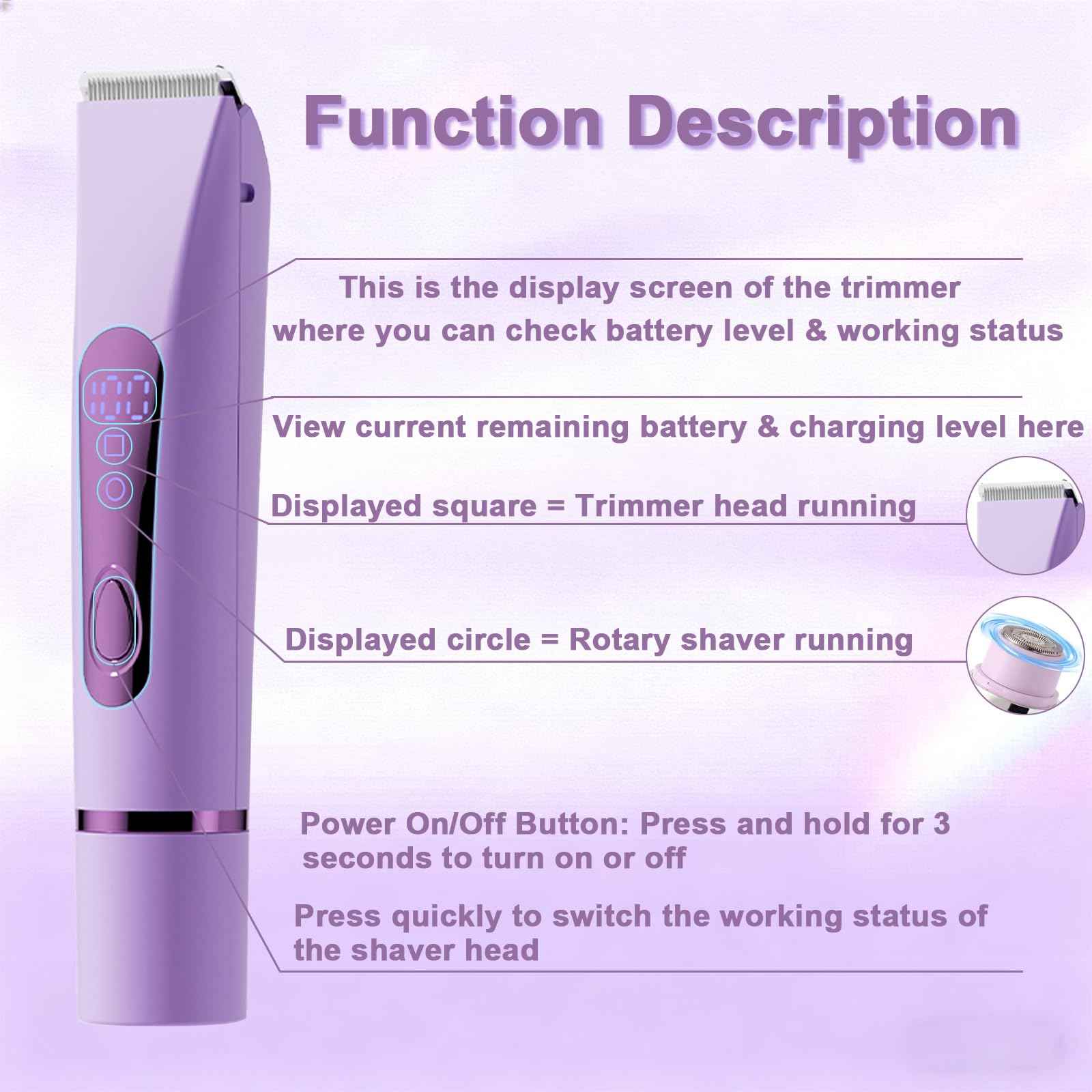 Bikini Trimmer Electric Razors for Women, Rechargeable Pubic Body Hair Trimmer 2-in-1 Electric Shaver for Legs Body Hair, Bikini Shaver (Purple)