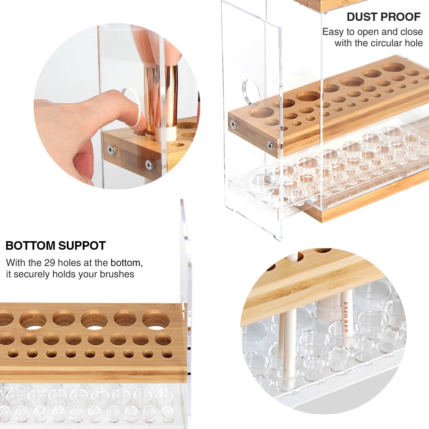 JACKCUBE DESIGN Transparent 29 Holes Bamboo Makeup Brush Holder Organizer Beauty Cosmetic Display Stand with Transparent Drawer (Transparent, 8.77 x 3.38 x 8.46inches) – :MK228C