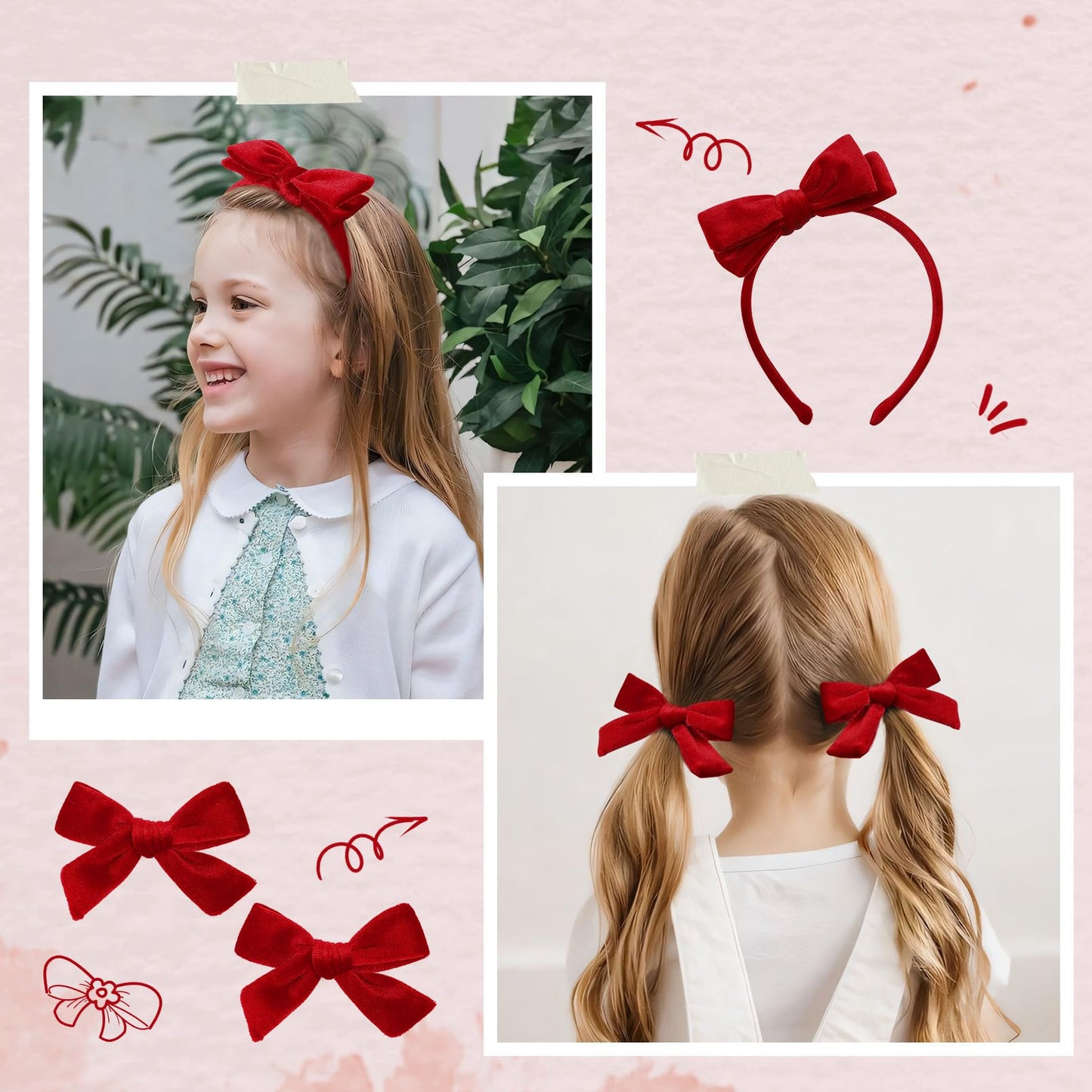 DEEKA Red Velvet Bow Headband & 2 Pcs Velvet Hair Bows Set Velvet Uniform Hair Accessories Hair Band for Little Toddler School Girls -Red