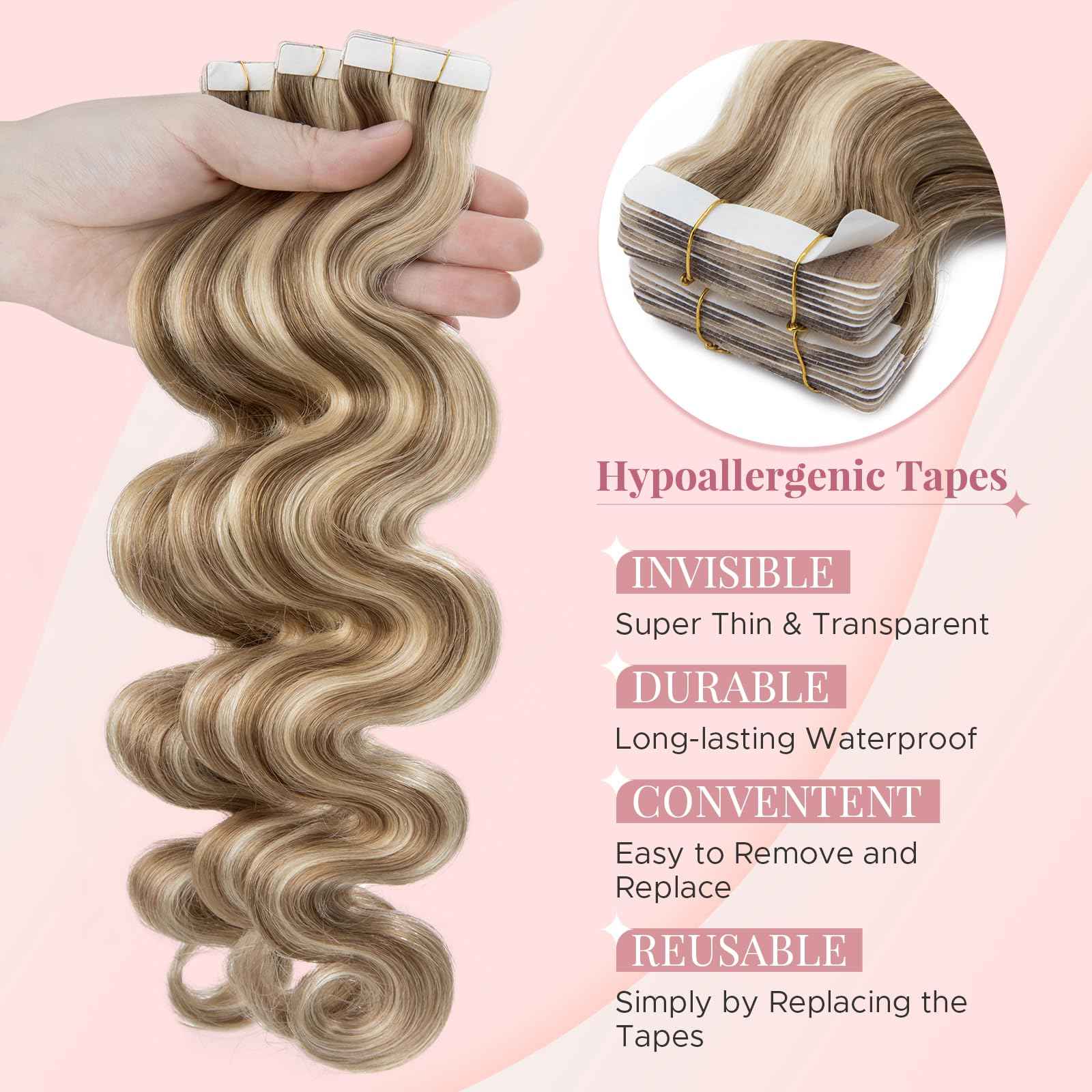 SEGOHAIR Wavy Tape In Hair Extensions Real Human Hair with Double-Sided Adhesive Professional Hair Extensions for Women 20pcs Body Wave 14 Inches Medium Brown Mixed Bleach Blond