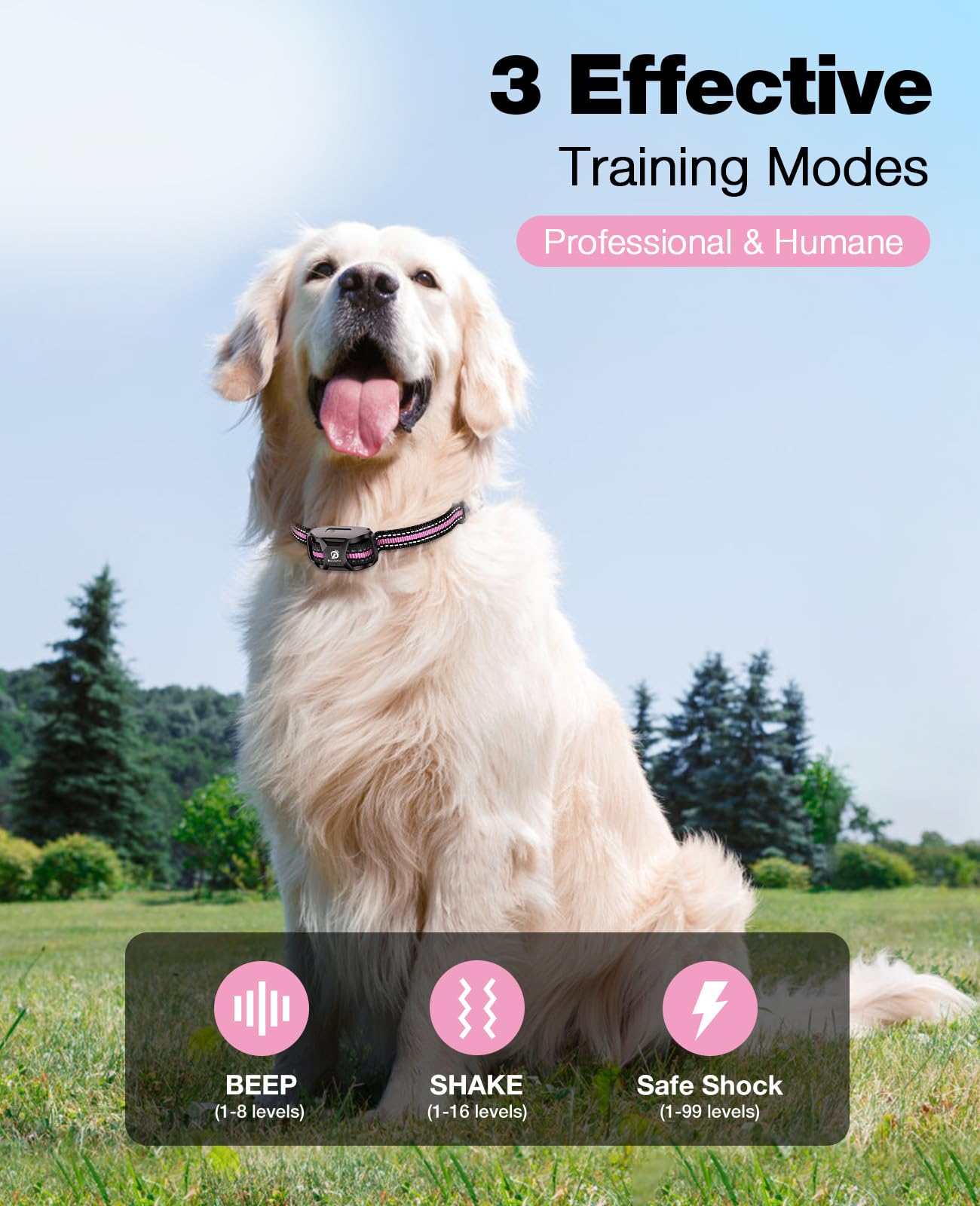 Bousnic Dog Shock Collar - 3300Ft Dog Training Collar with Remote for 5-120lbs Small Medium Large Dogs Rechargeable Waterproof e Collar with Beep (1-8), Vibration(1-16), Safe Shock(1-99) (LightPink)