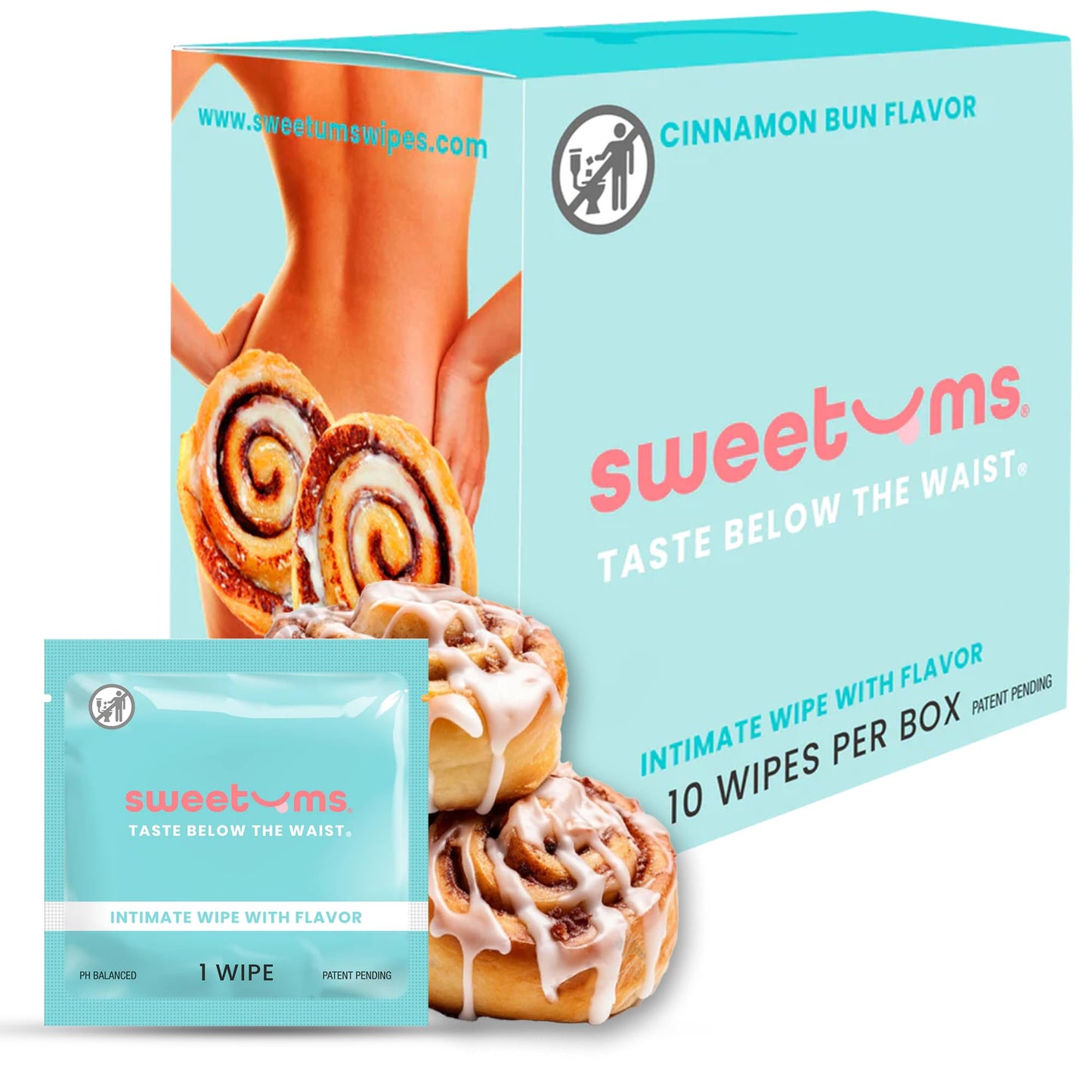 Sweetums Feminine Wipes For Women, Individually Wrapped - pH Balanced Biodegradable Flavored Intimate Wipes - Cinnamon Bun, Pack of 10