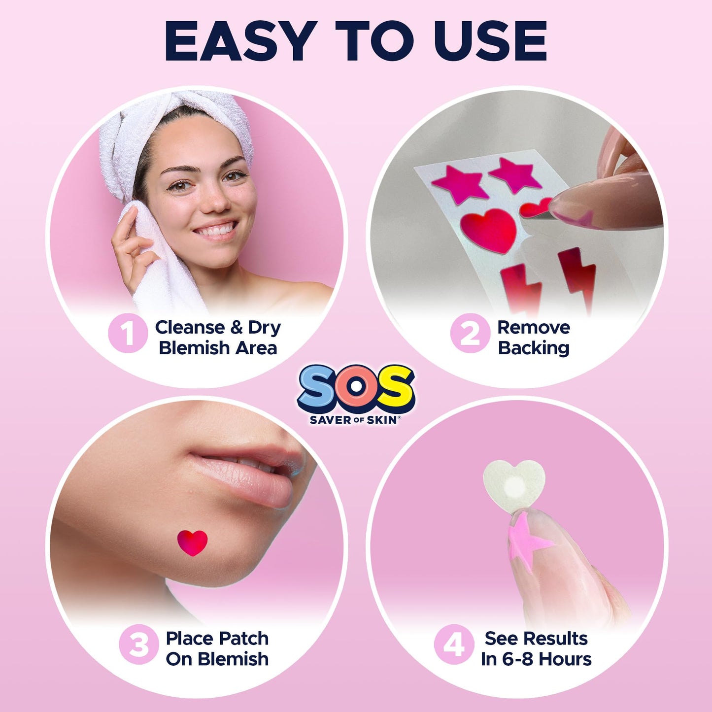 SOS SAVER OF SKIN Fun Shape Blemish Patches - Fast Acting Hydrocolloid for Pimples, Zits, Acne, and Face Blemishes - Latex-Free & Vegan with a Splash of Style (Holographic Pink)