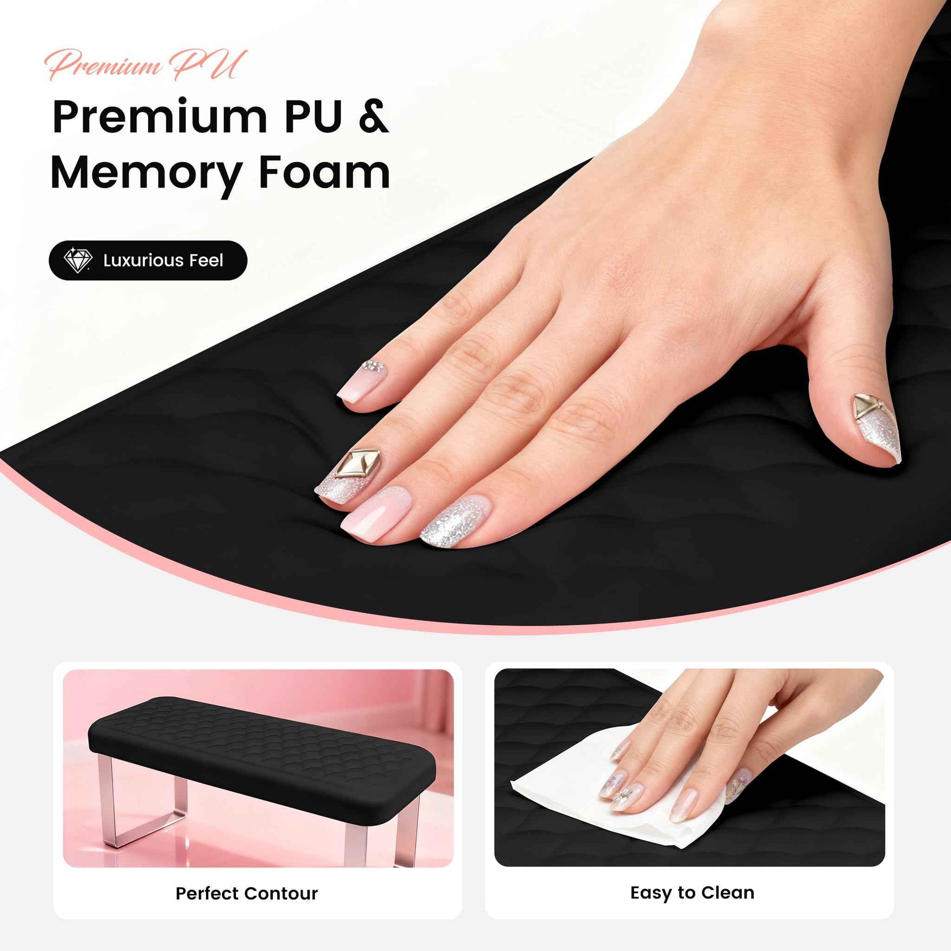 AIKYA Luxury Manicure Hand Rest for Nails Tech - Erasable Nail Arm Rest with Comfort Memory Foam, High Rebond & Non-Slip Aluminum Alloy Base-Black