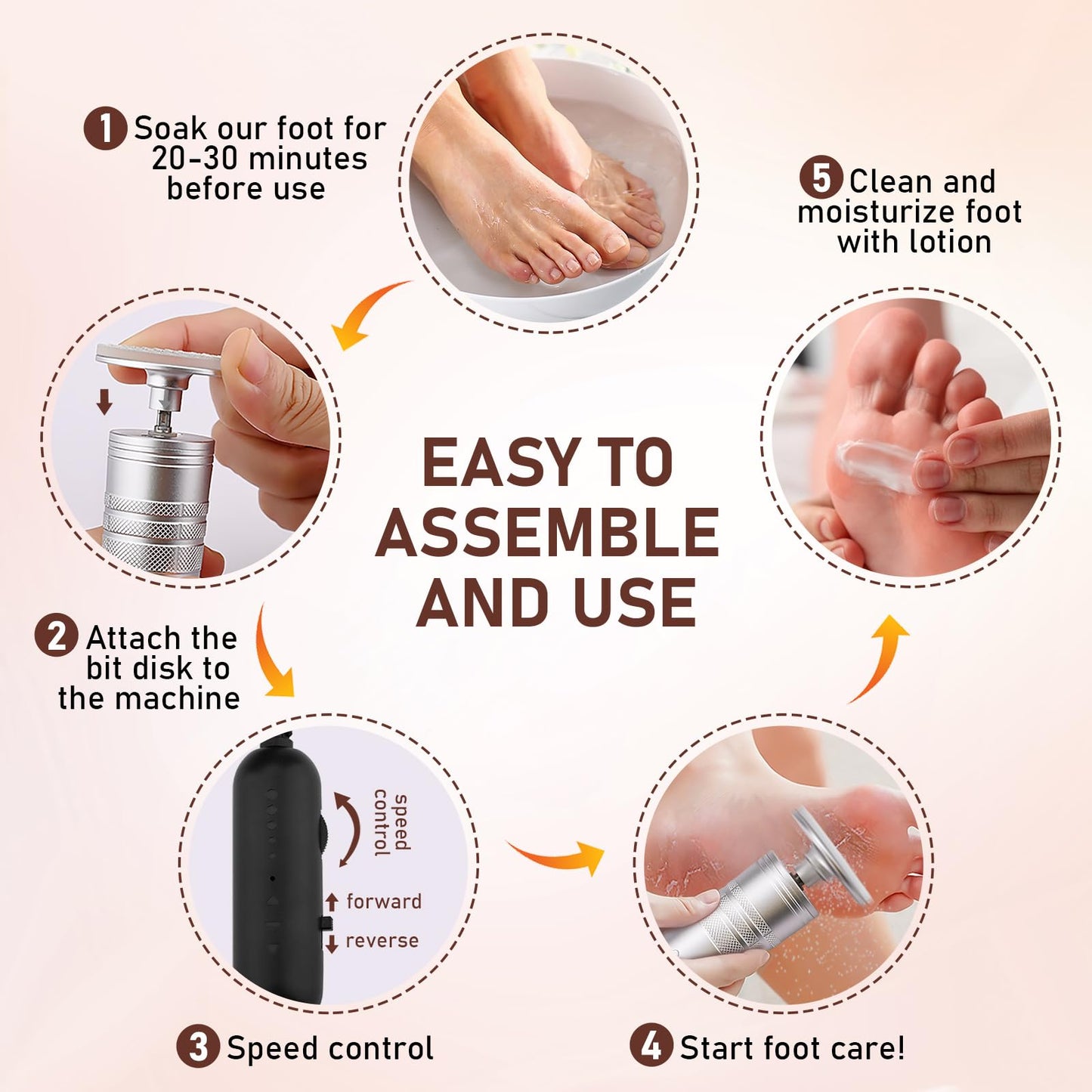 Kredioo Electric Foot Callus Remover 5 Nano Glass Nail File Grinding Heads and Sanding Bands Pedicure Tools for Feet Adjust Speed R/F Direction Remove Calluses Dead Dry Skin